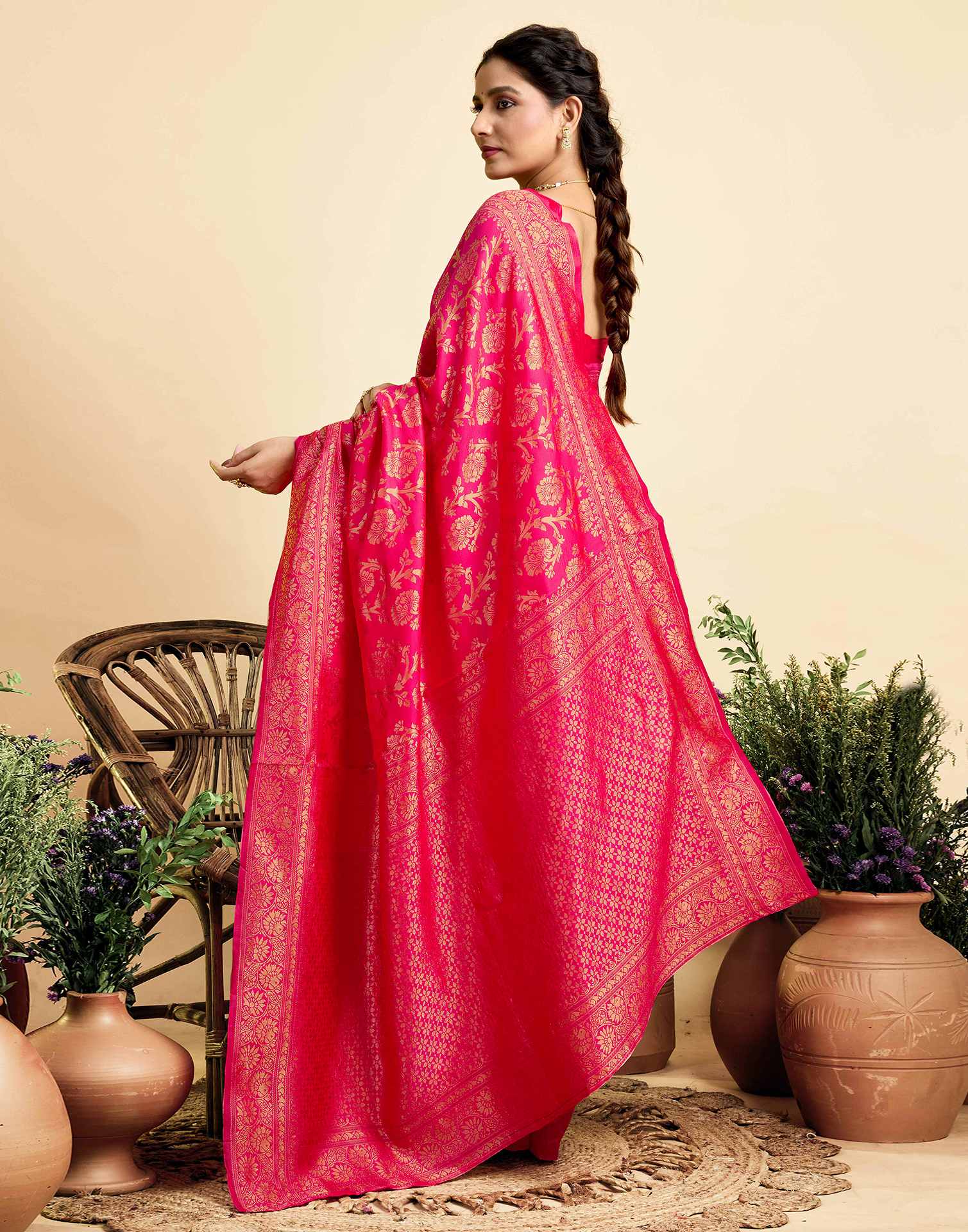 Bright Pink Silk Woven Banarasi Saree