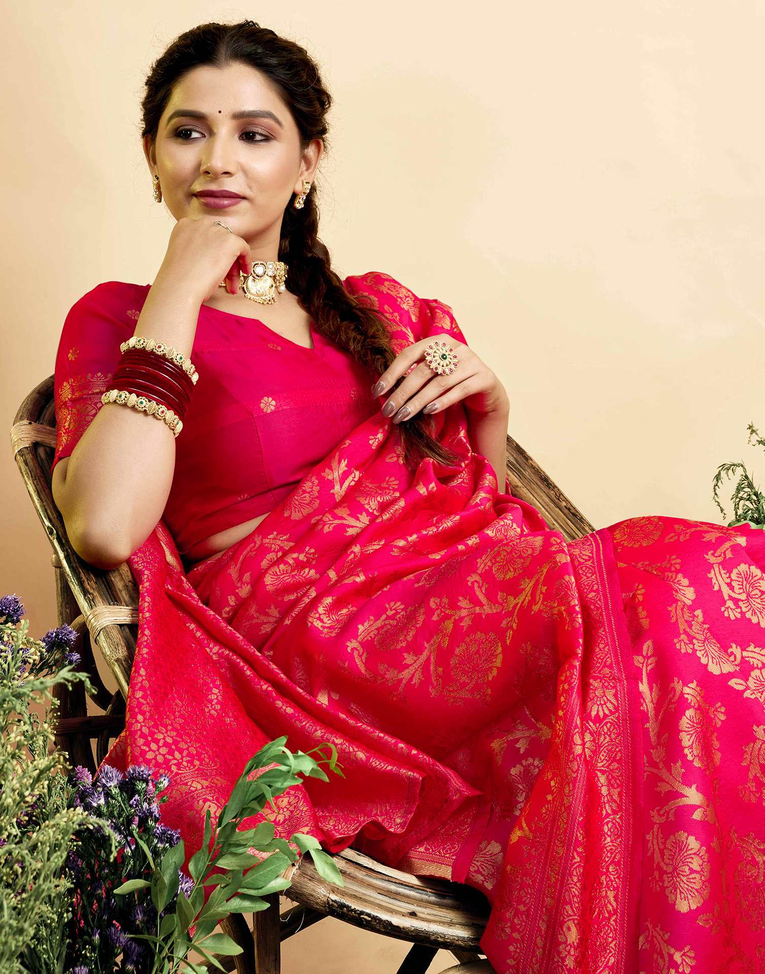Bright Pink Silk Woven Banarasi Saree