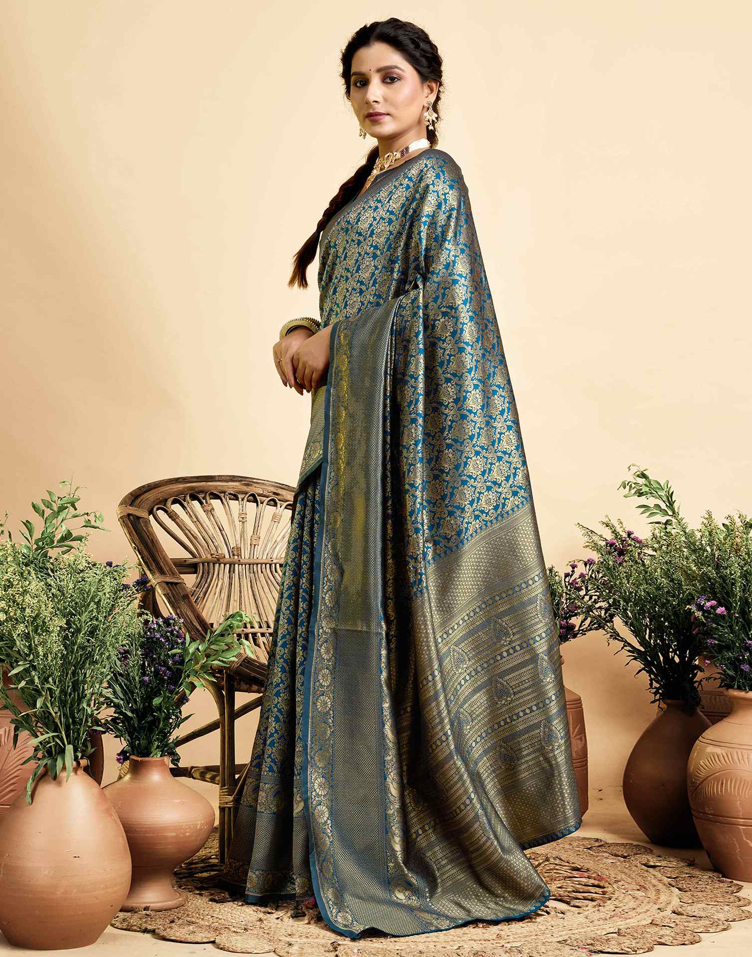 Peacock Blue Silk Woven Banarasi Saree