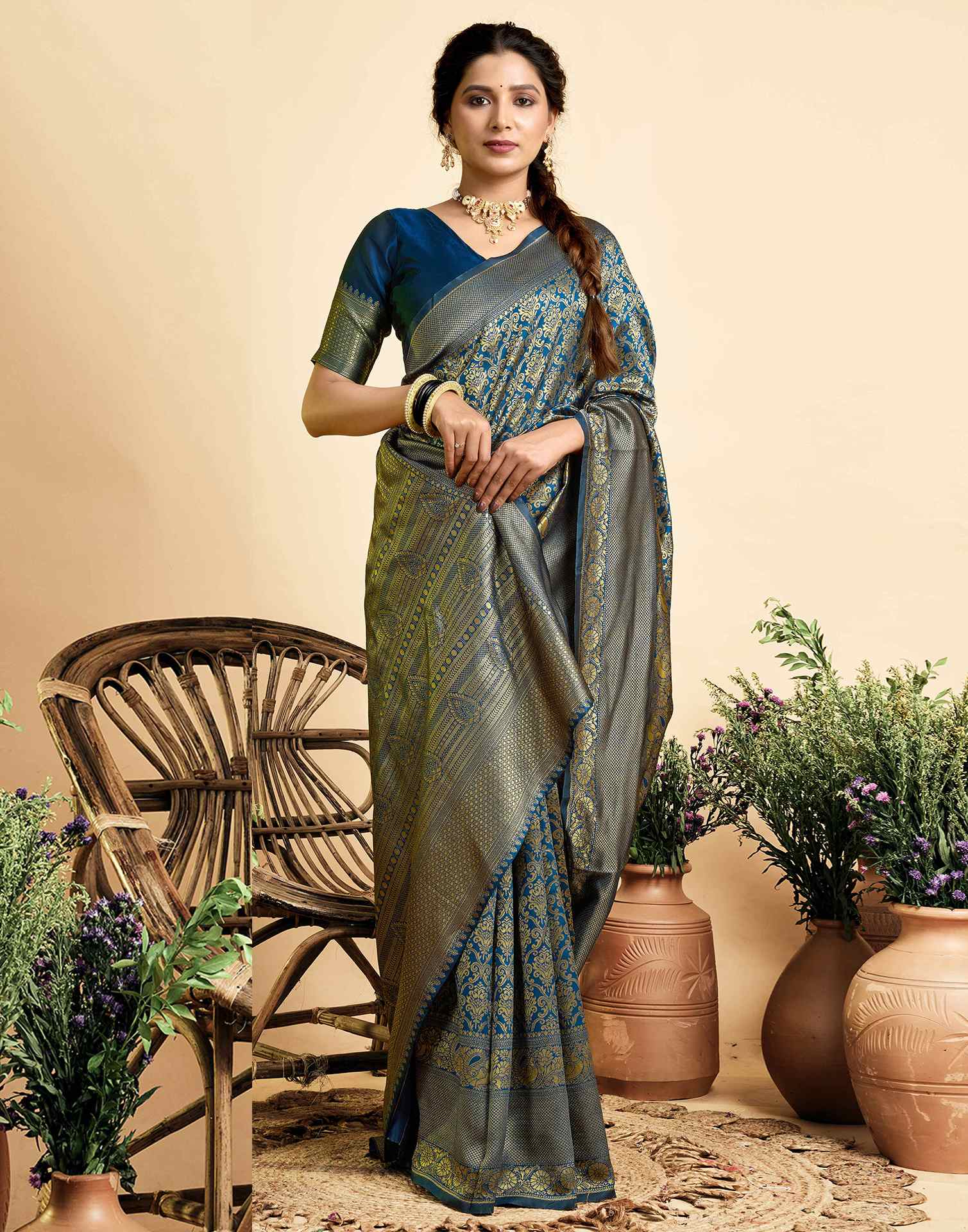 Peacock Blue Silk Woven Banarasi Saree