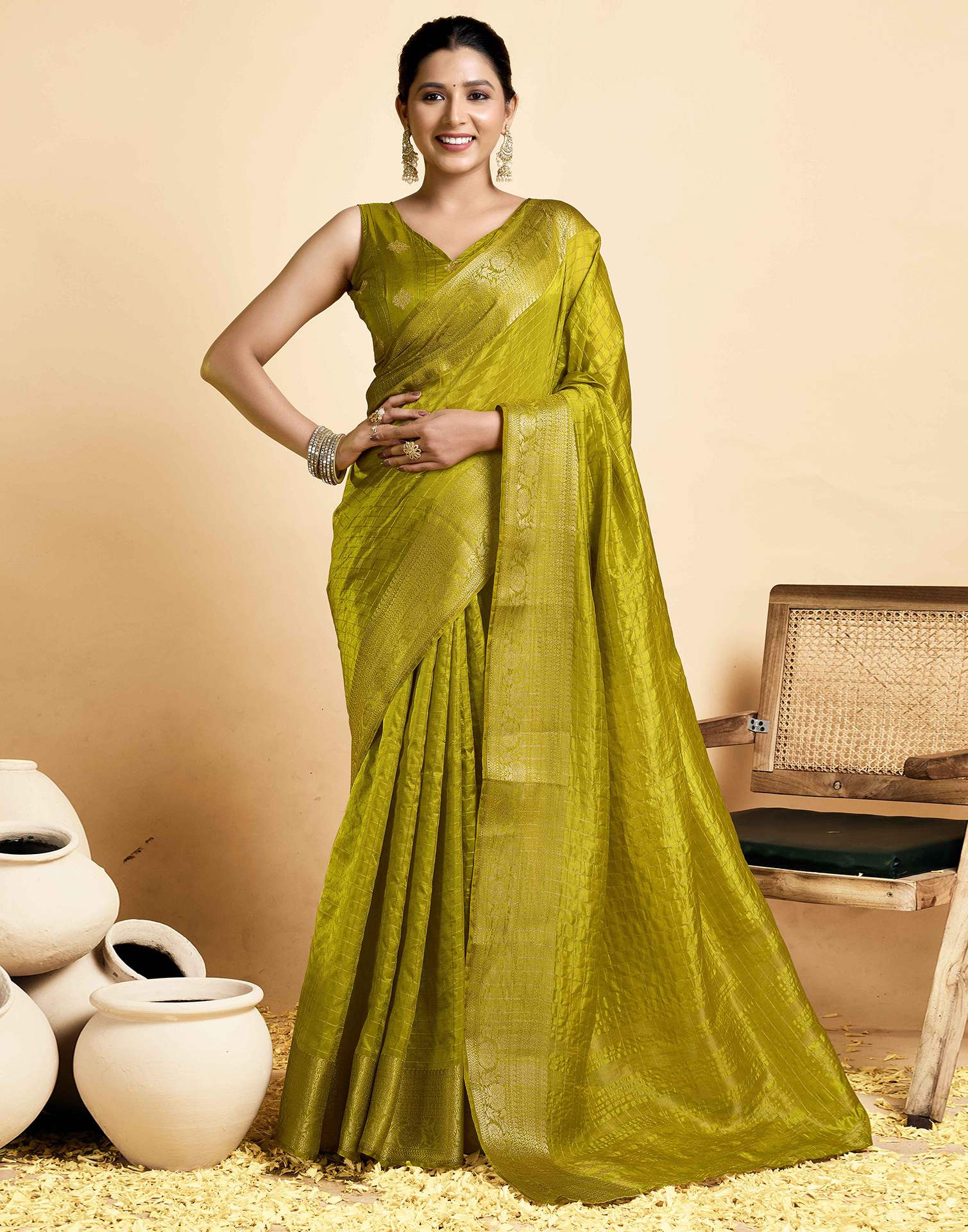 Lime Green Tussar Silk Woven Kanjivaram Saree