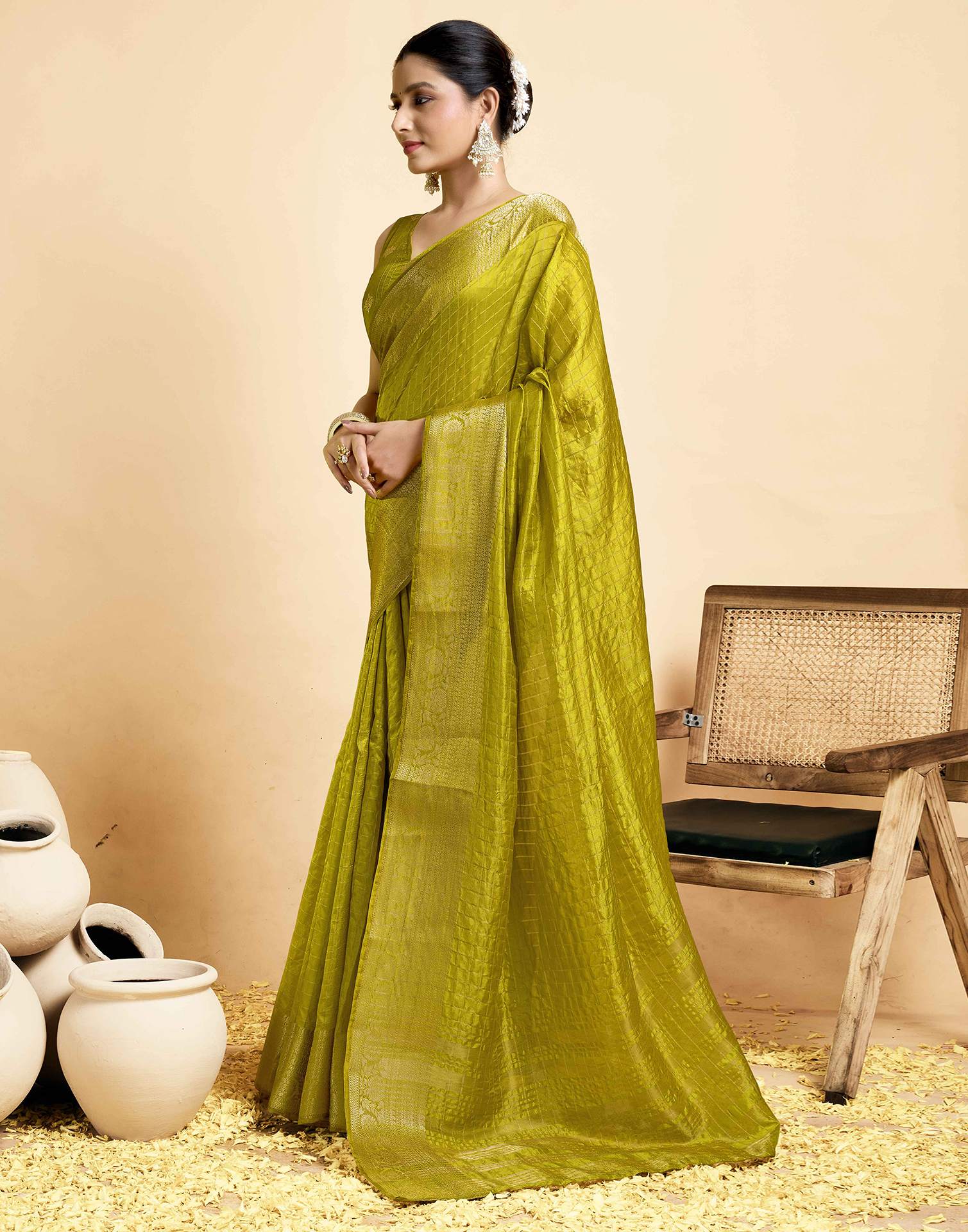 Lime Green Tussar Silk Woven Kanjivaram Saree