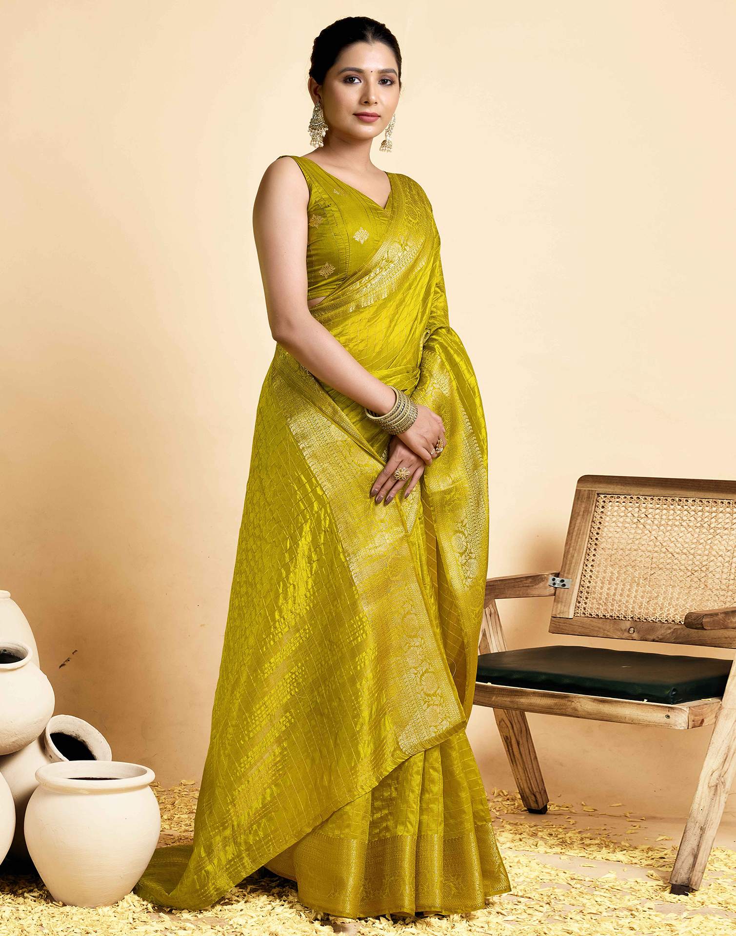 Lime Green Tussar Silk Woven Kanjivaram Saree