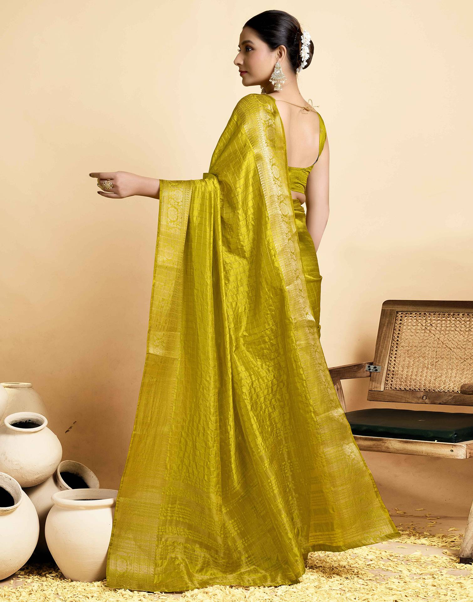 Lime Green Tussar Silk Woven Kanjivaram Saree