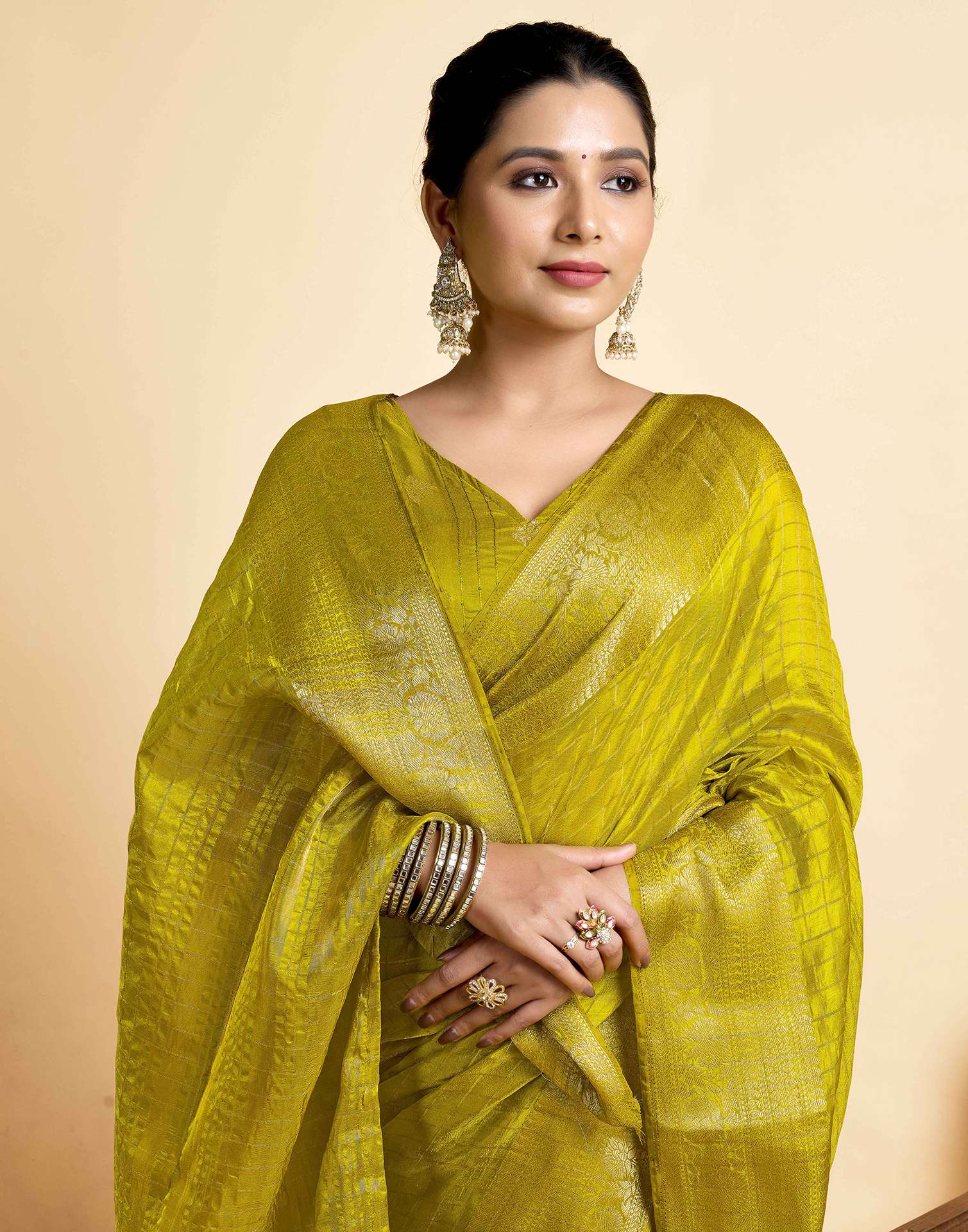 Lime Green Tussar Silk Woven Kanjivaram Saree