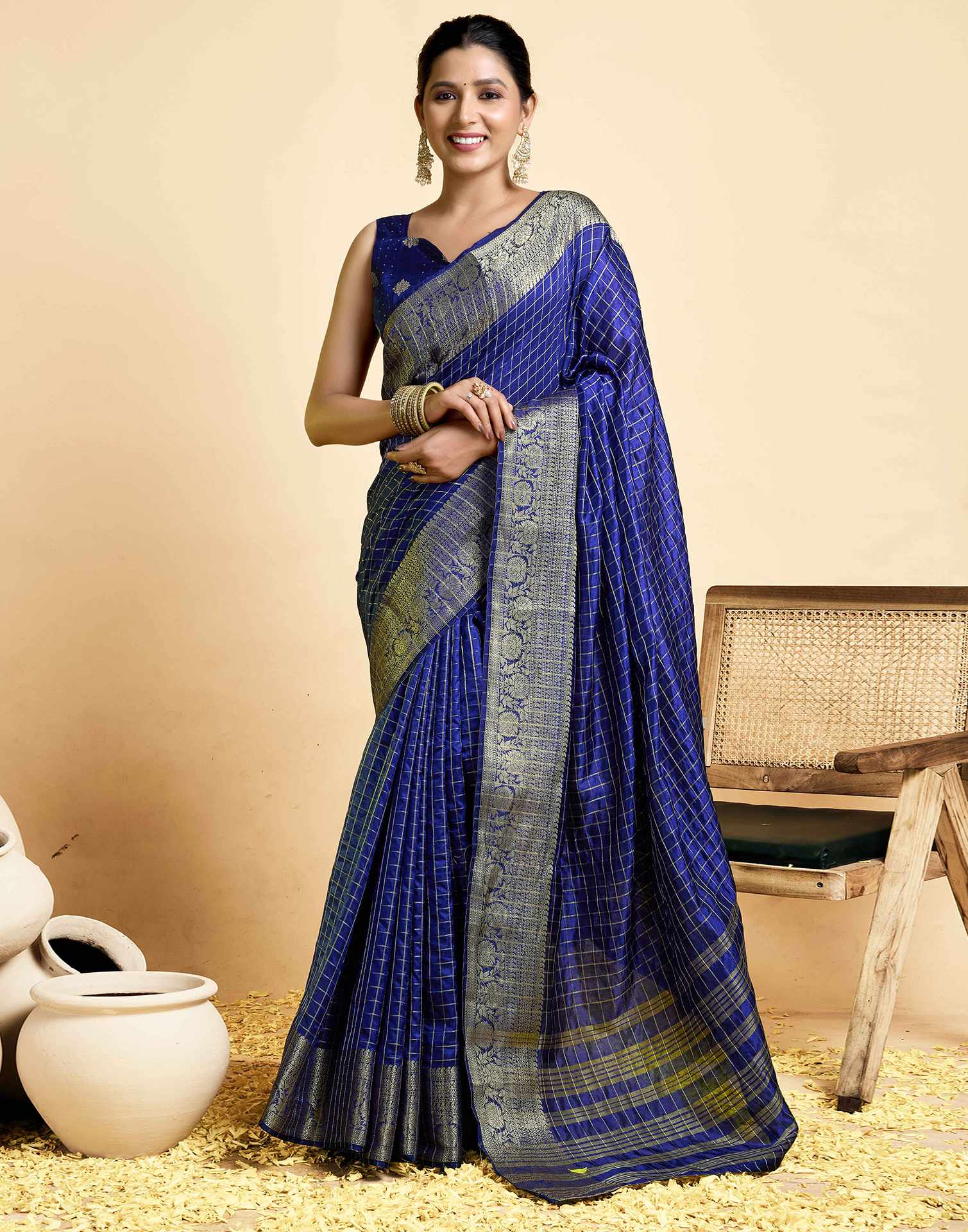 Royal Blue Tussar Silk Woven Kanjivaram Saree