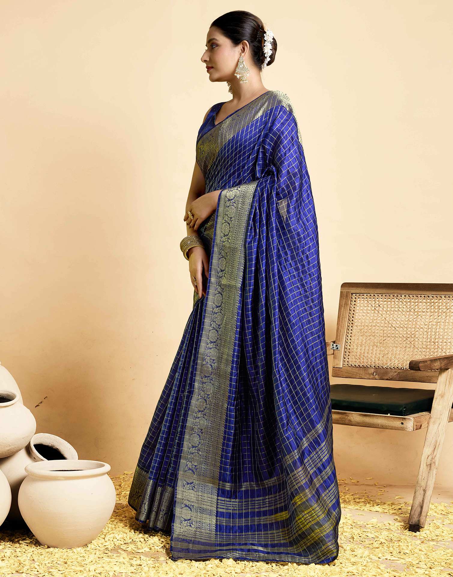 Royal Blue Tussar Silk Woven Kanjivaram Saree