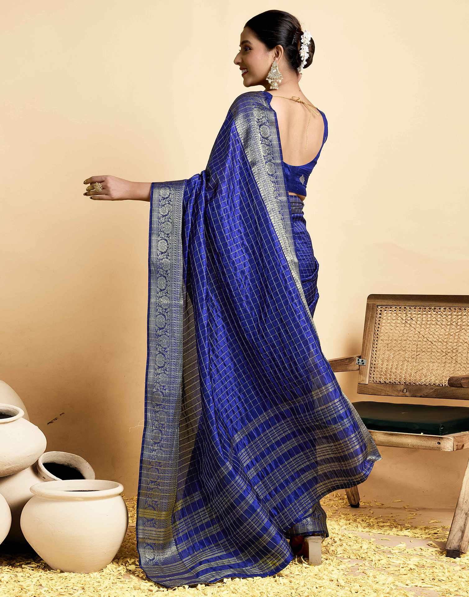 Royal Blue Tussar Silk Woven Kanjivaram Saree