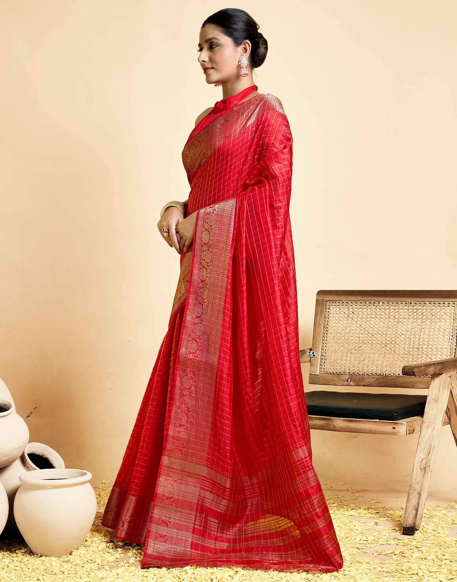 Red Tussar Silk Woven Kanjivaram Saree