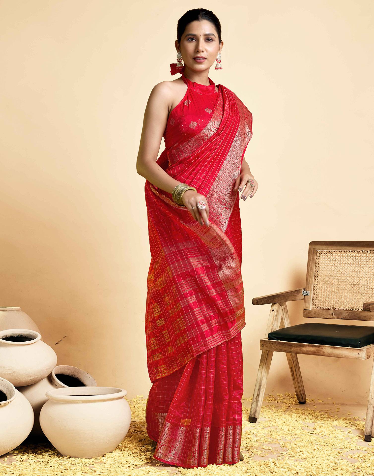 Red Tussar Silk Woven Kanjivaram Saree