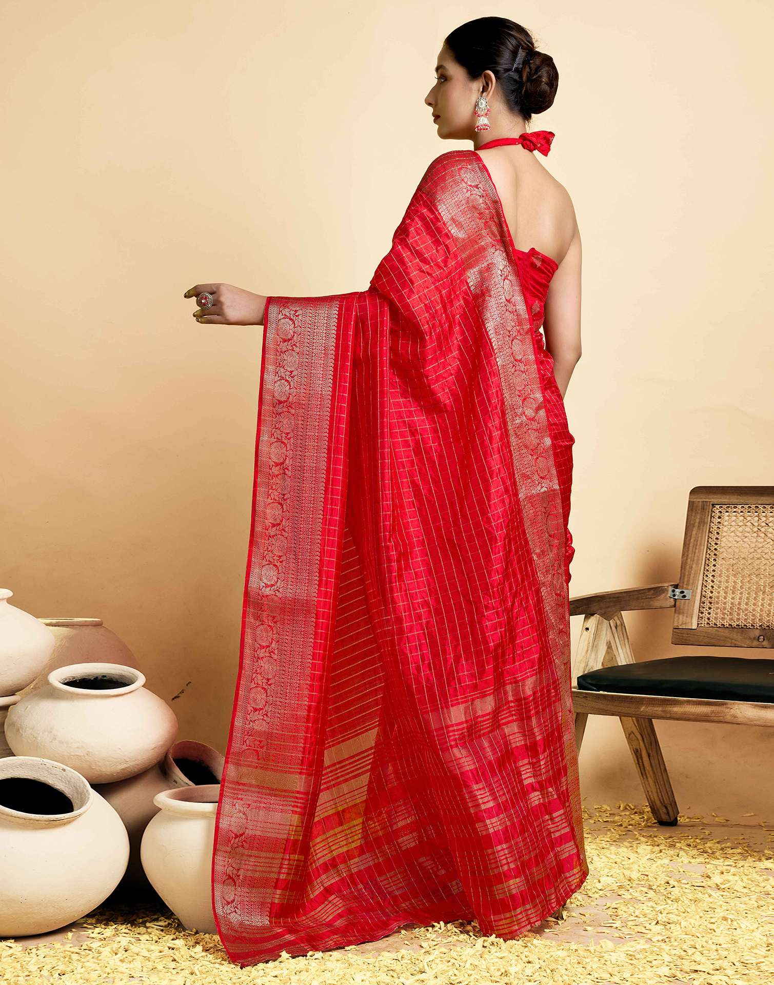 Red Tussar Silk Woven Kanjivaram Saree