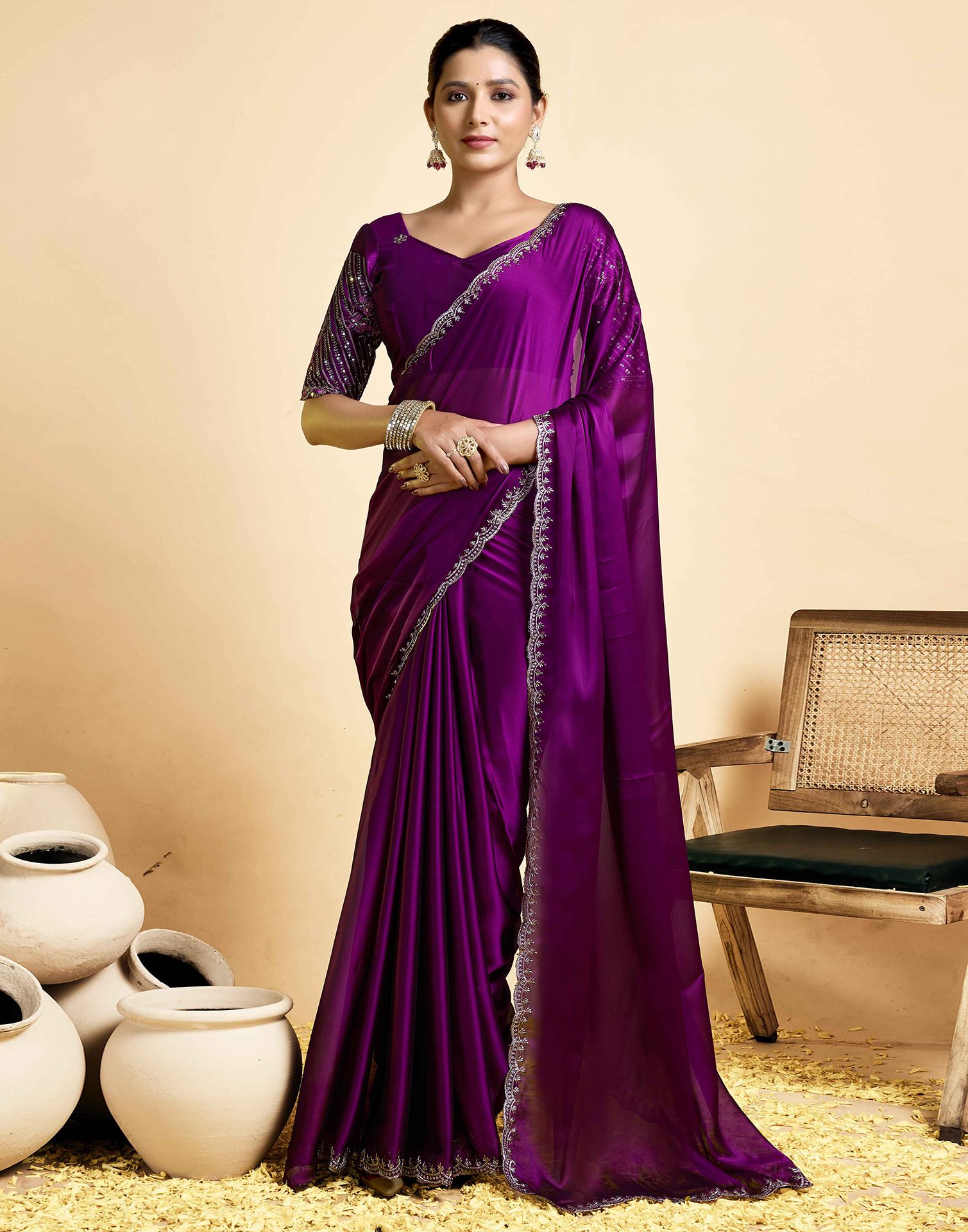 Dark Purple Georgette Embroidery Saree