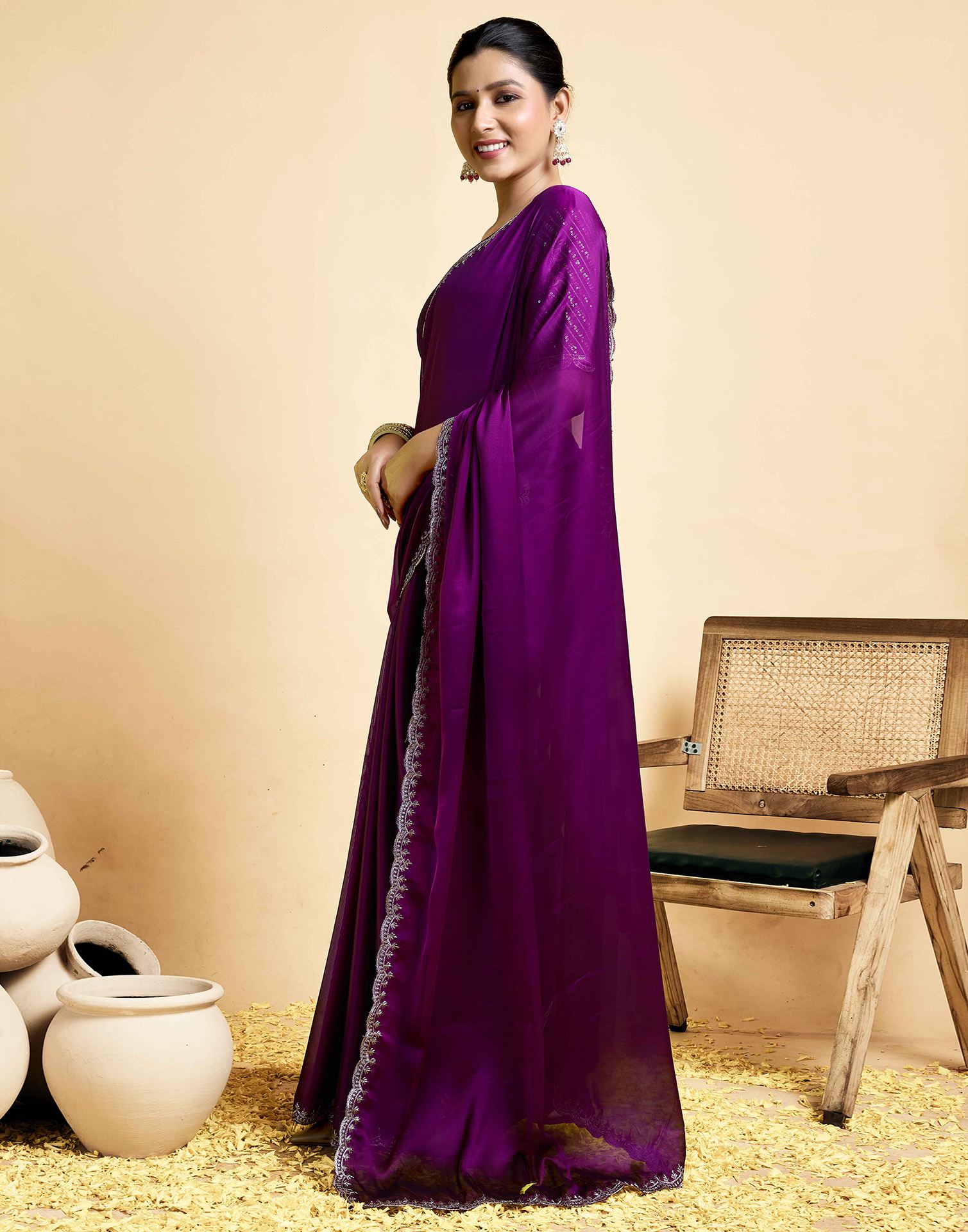 Dark Purple Georgette Embroidery Saree