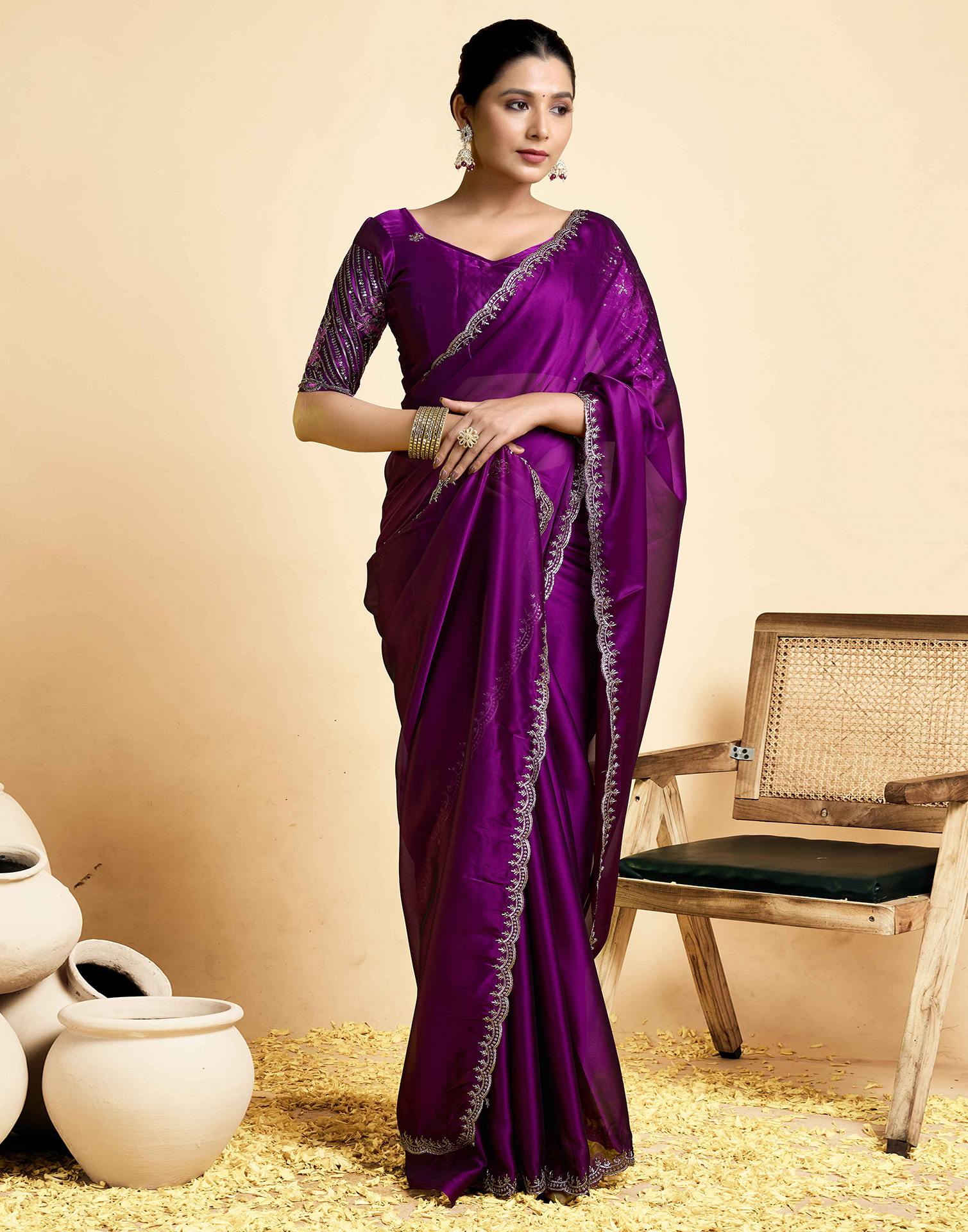 Dark Purple Georgette Embroidery Saree