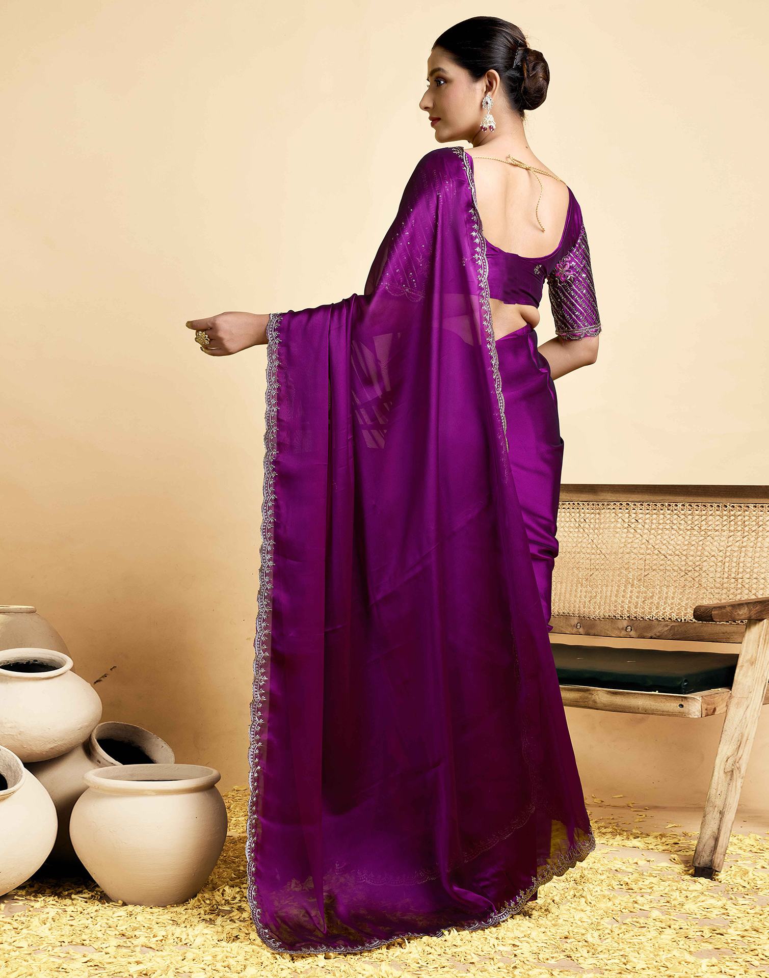 Dark Purple Georgette Embroidery Saree