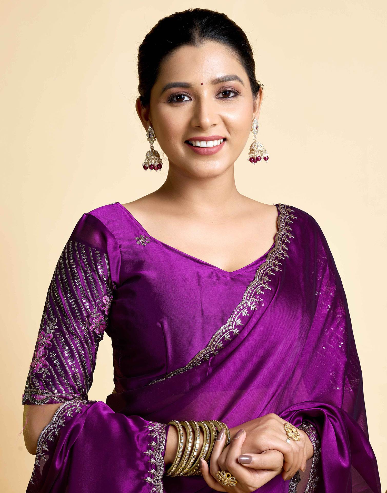 Dark Purple Georgette Embroidery Saree