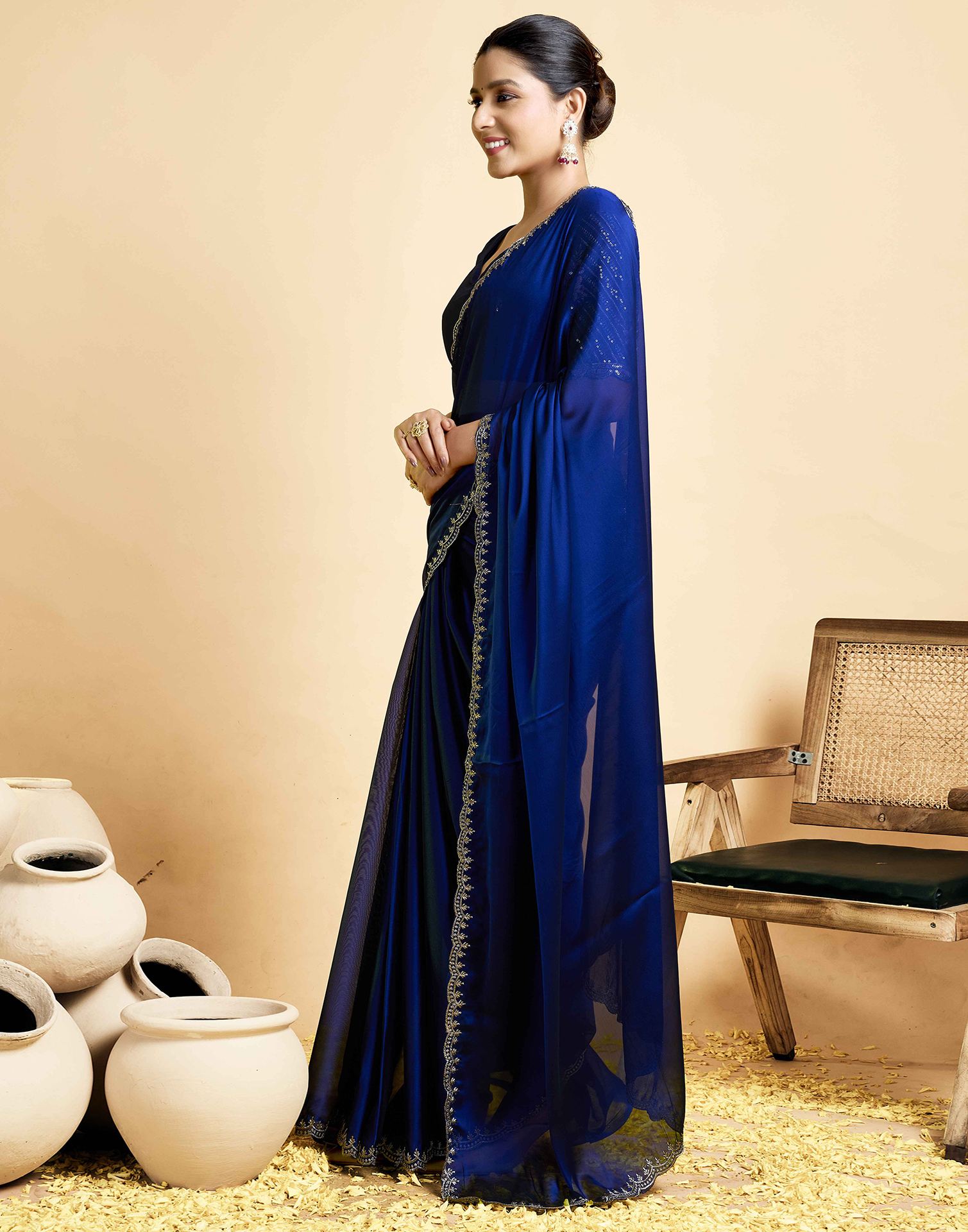 Navy Blue Georgette Embroidery Saree