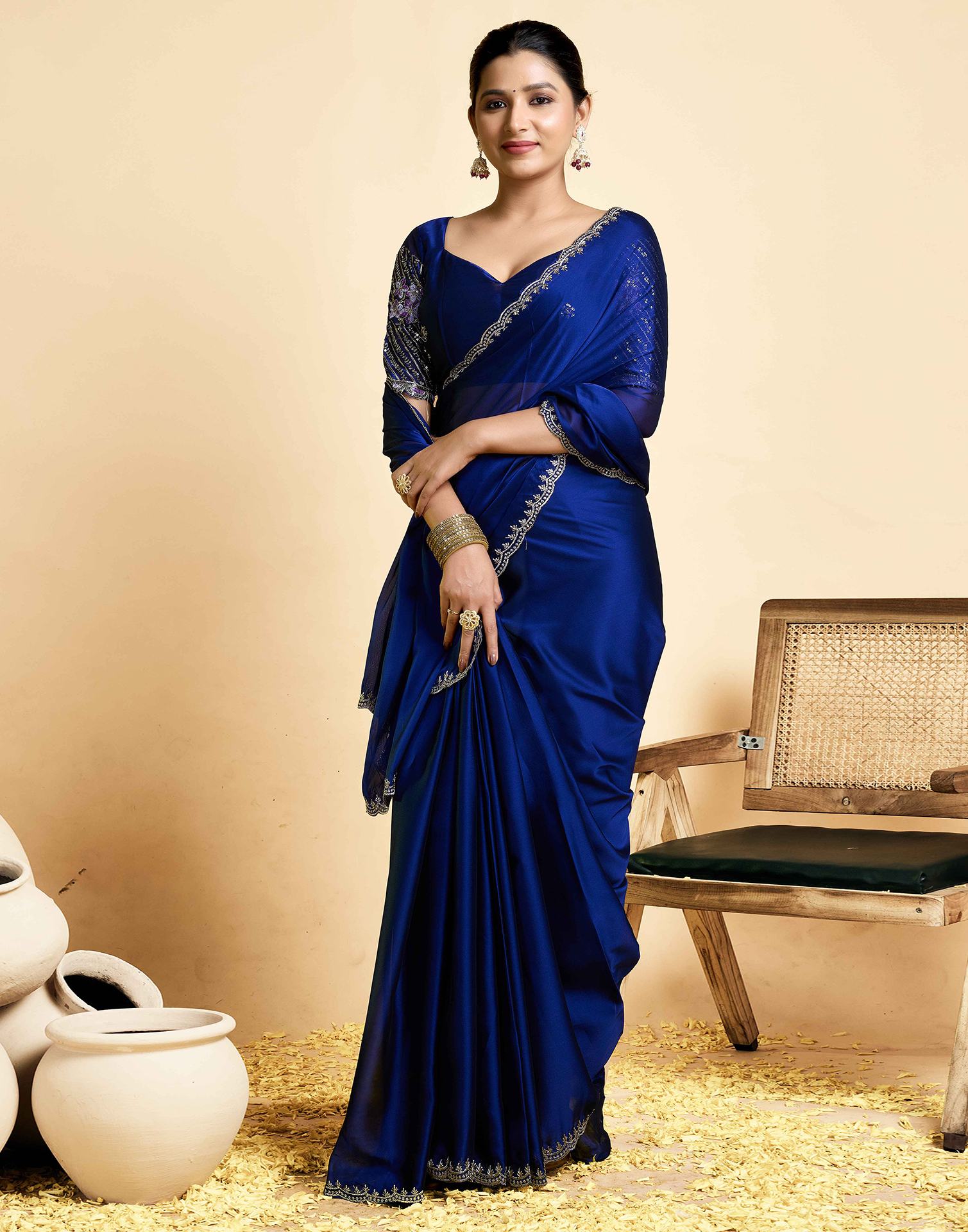 Navy Blue Georgette Embroidery Saree