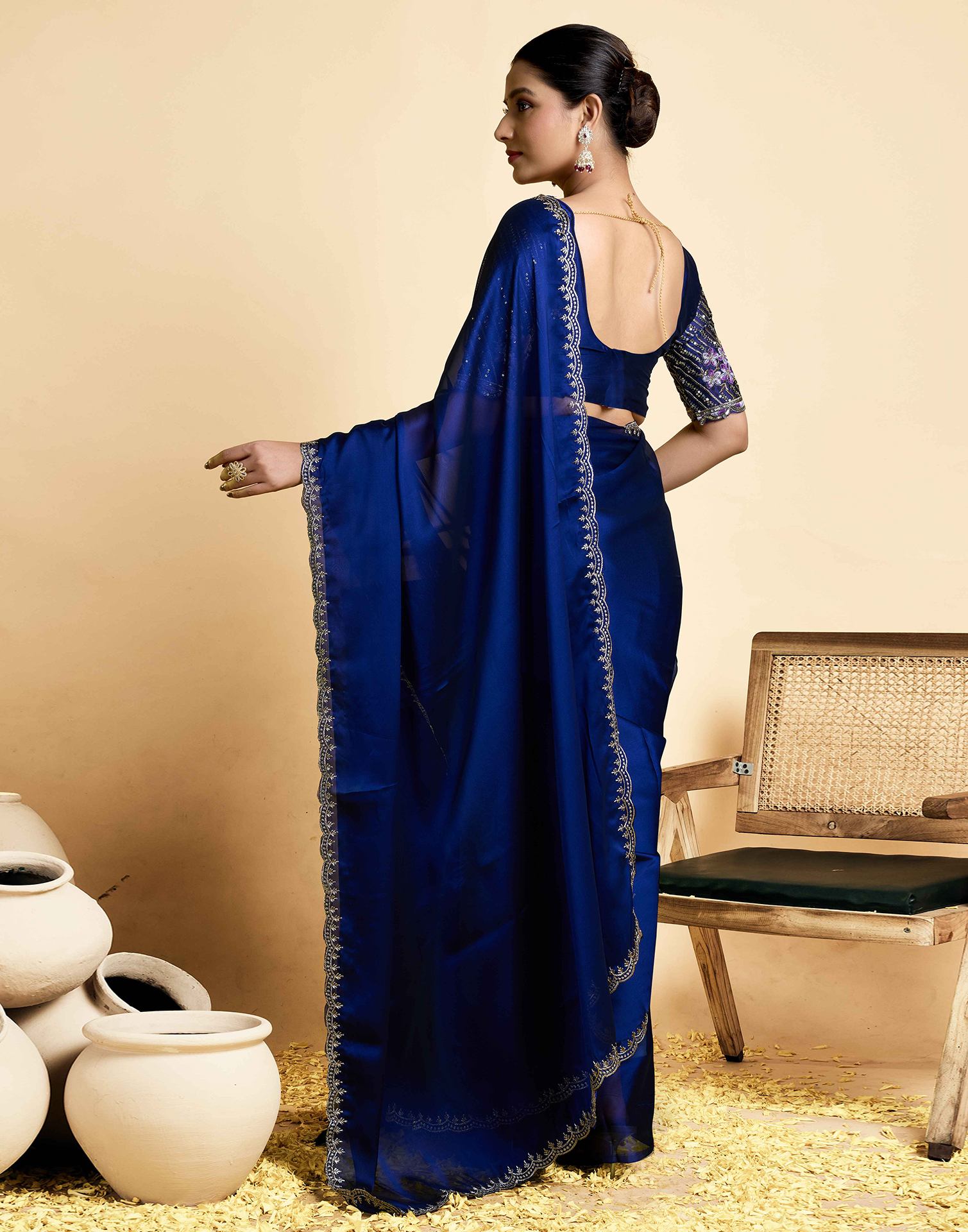 Navy Blue Georgette Embroidery Saree