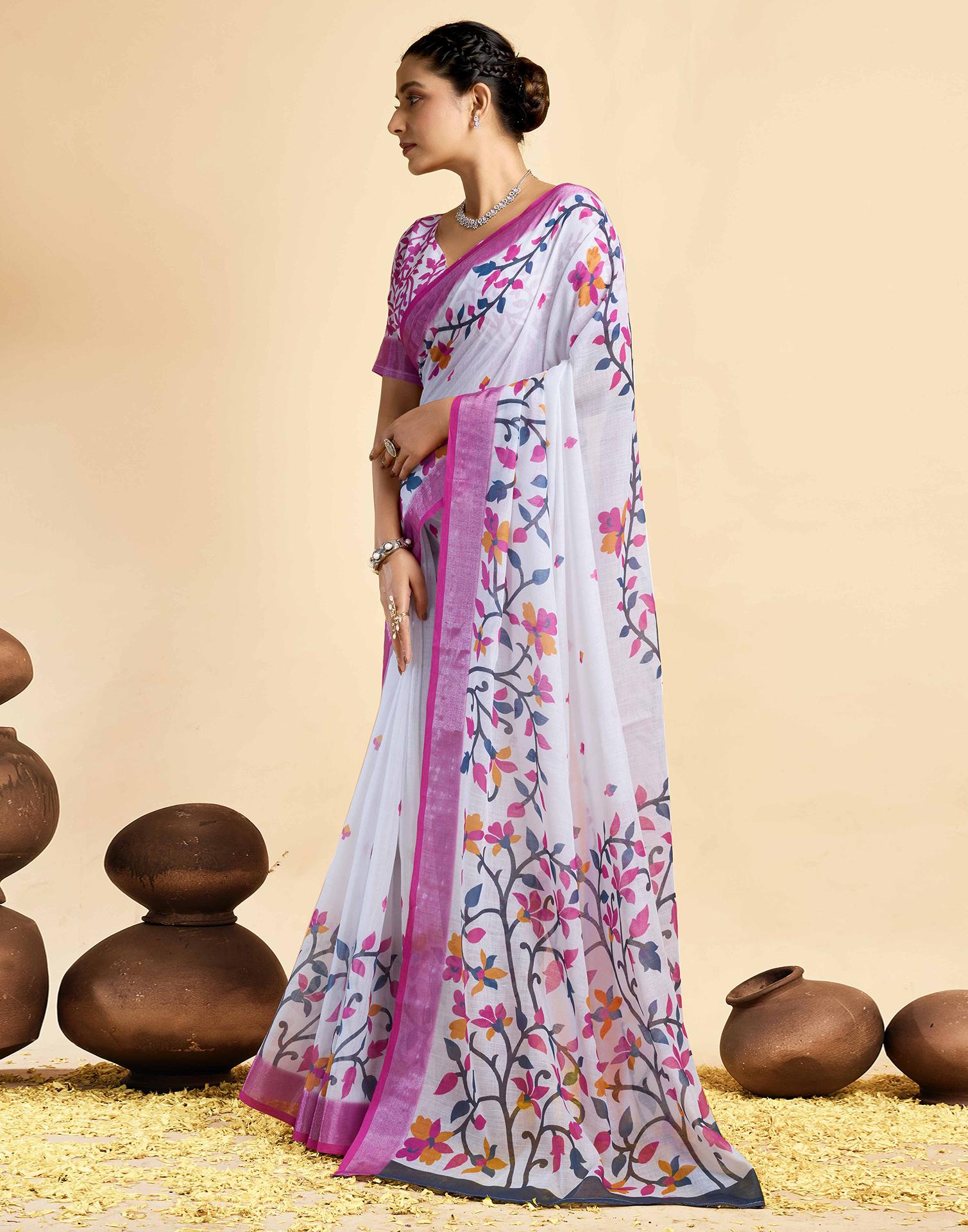 White Linen Floral Printed Saree