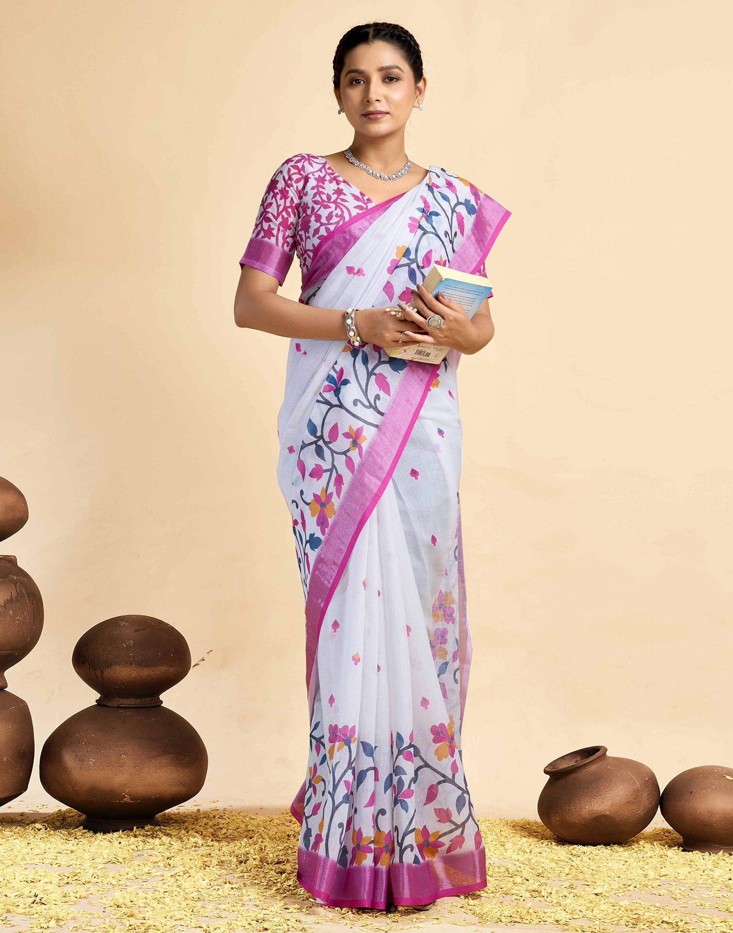 White Linen Floral Printed Saree