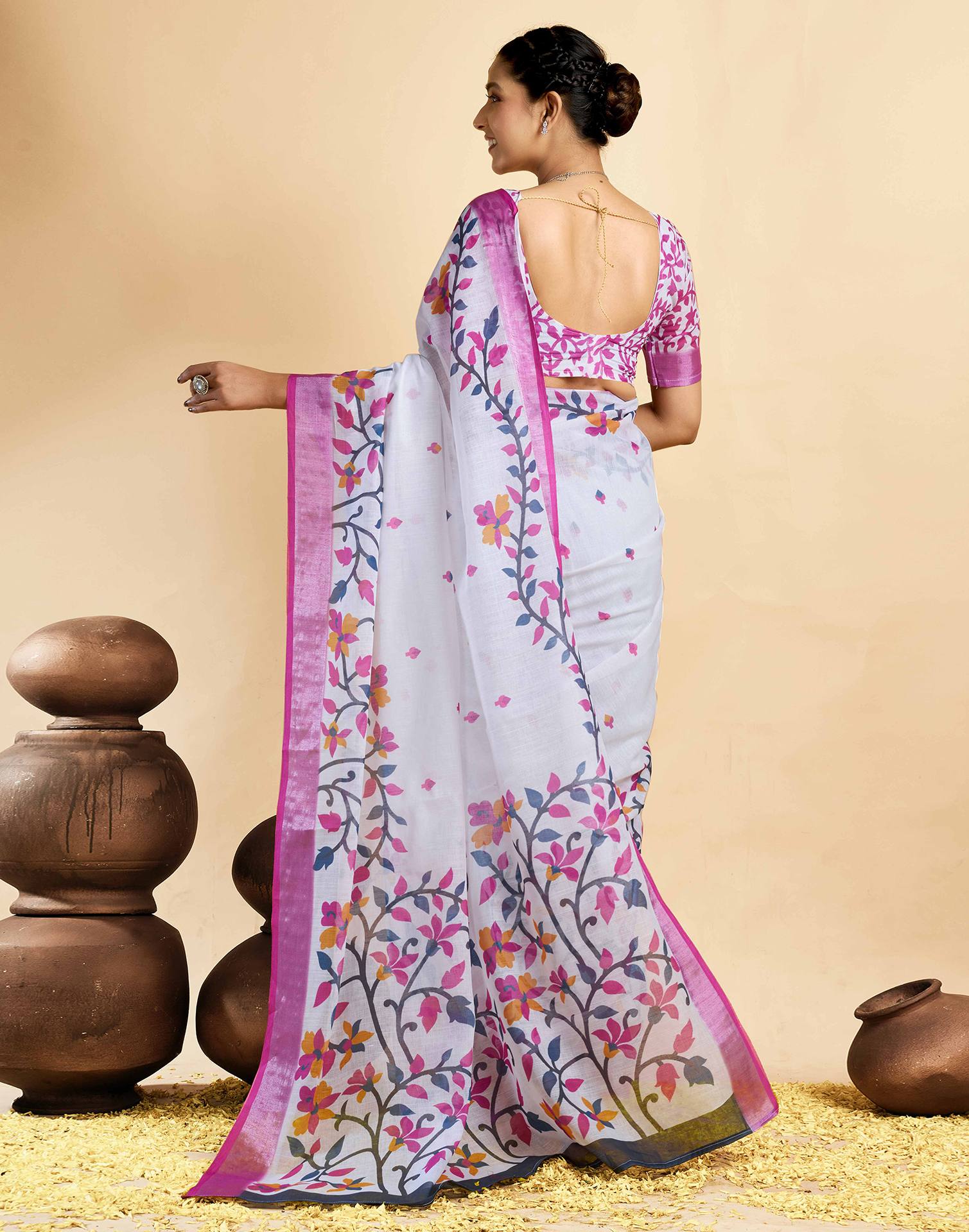 White Linen Floral Printed Saree
