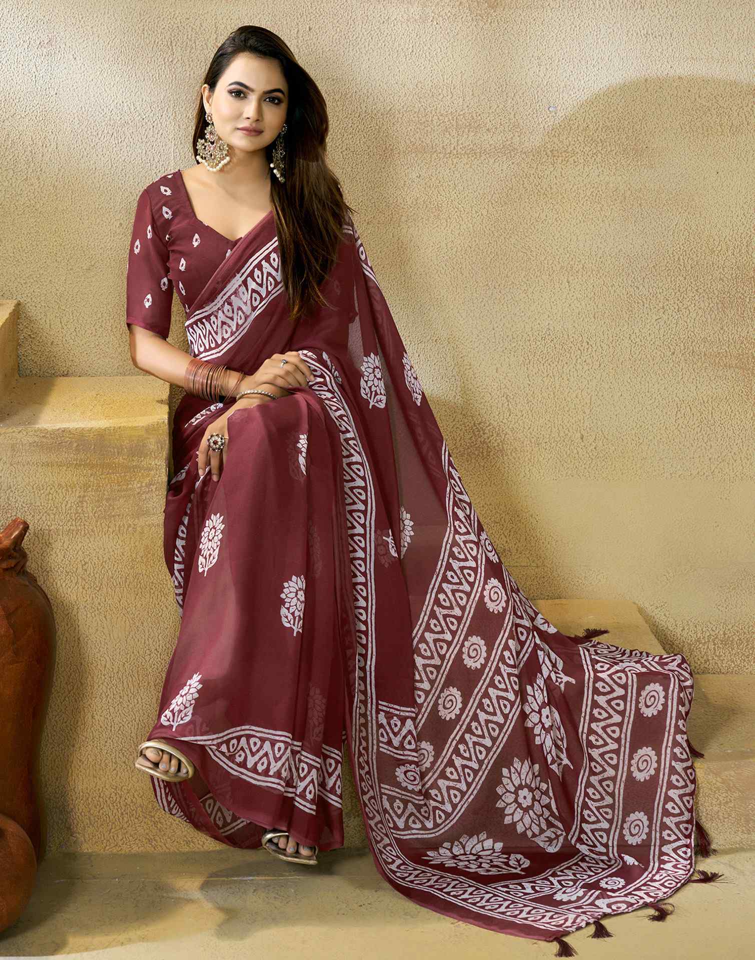 Maroon Georgette Printed Saree