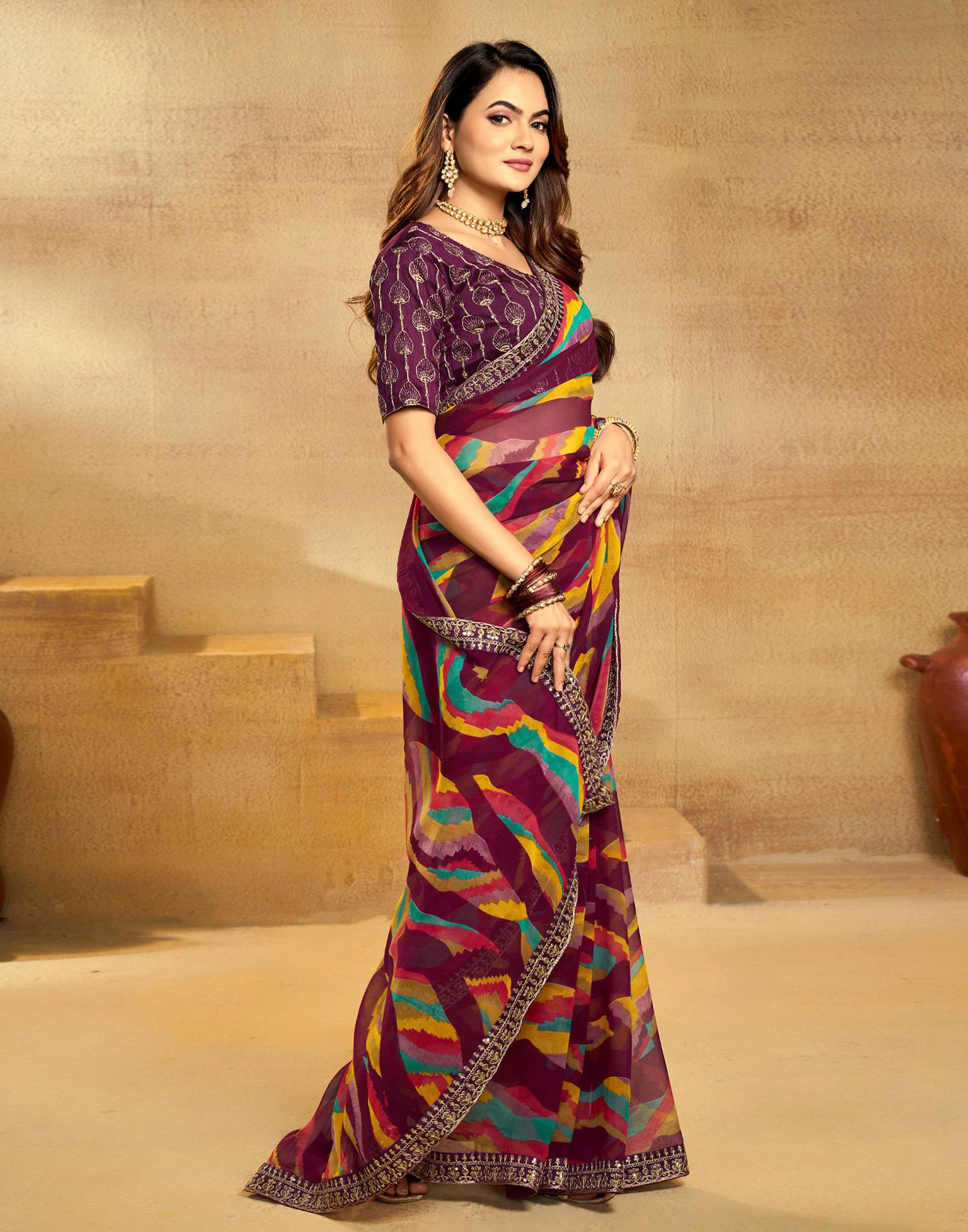 Maroon Georgette Printed Saree
