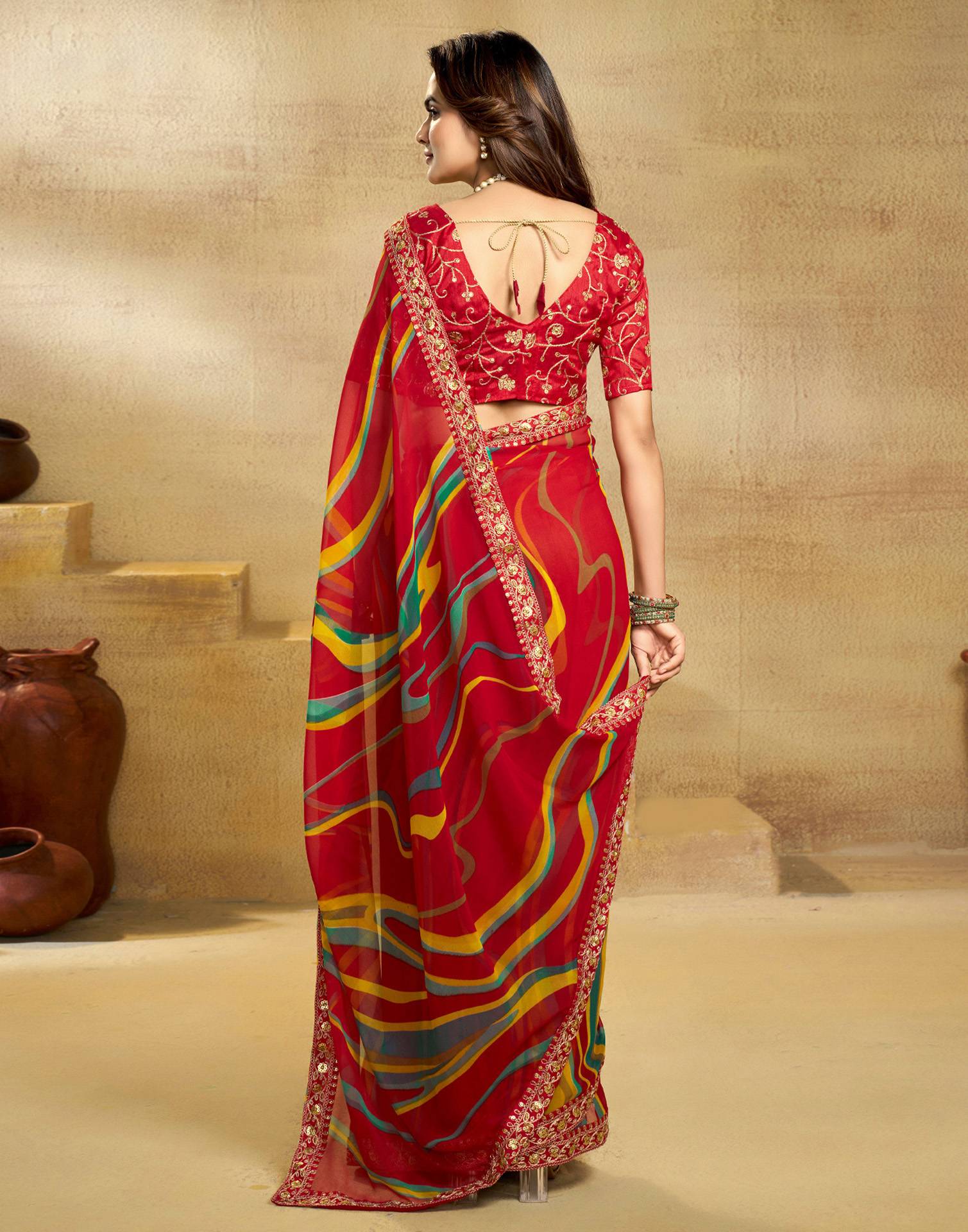 Red Georgette Printed Saree