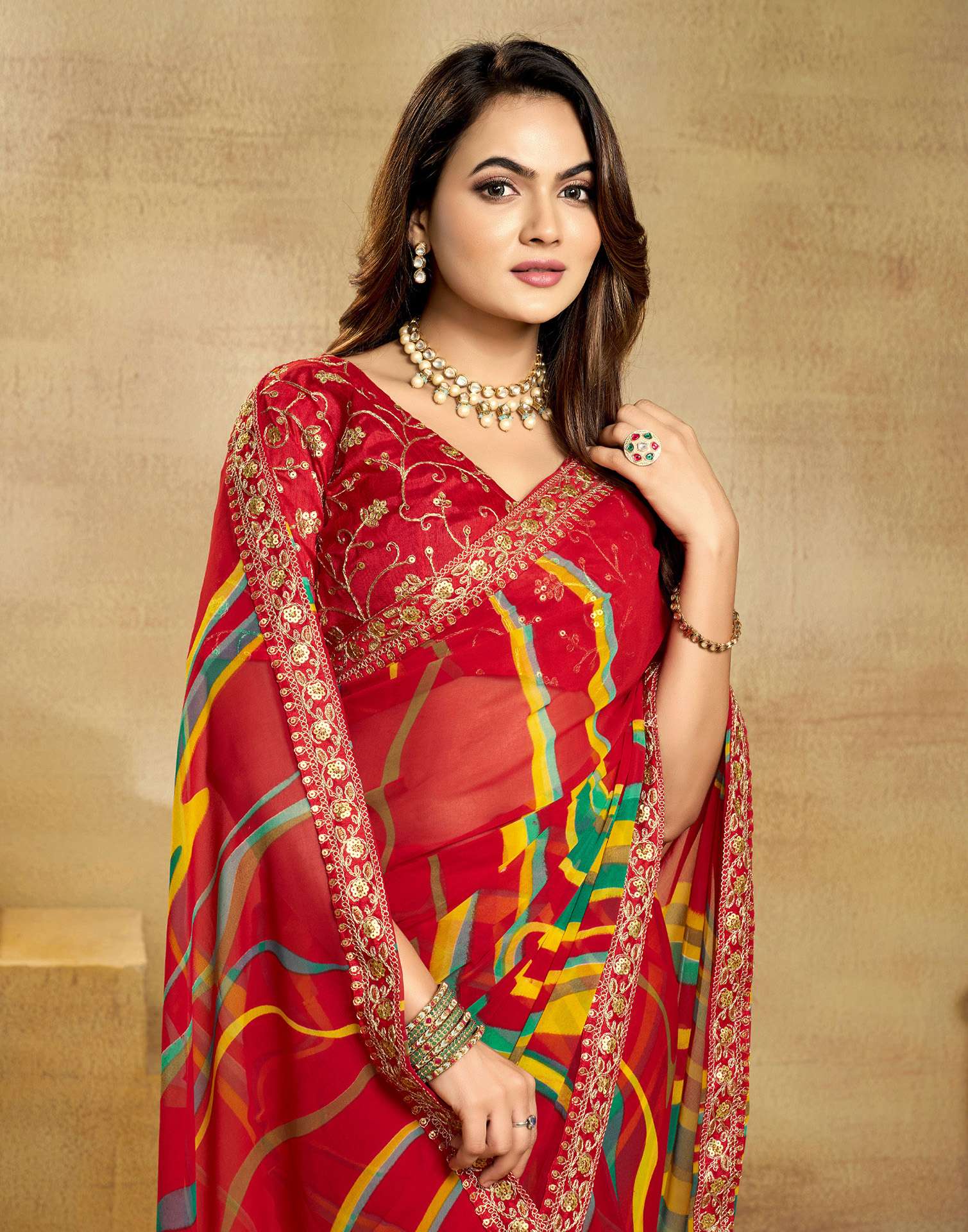 Red Georgette Printed Saree
