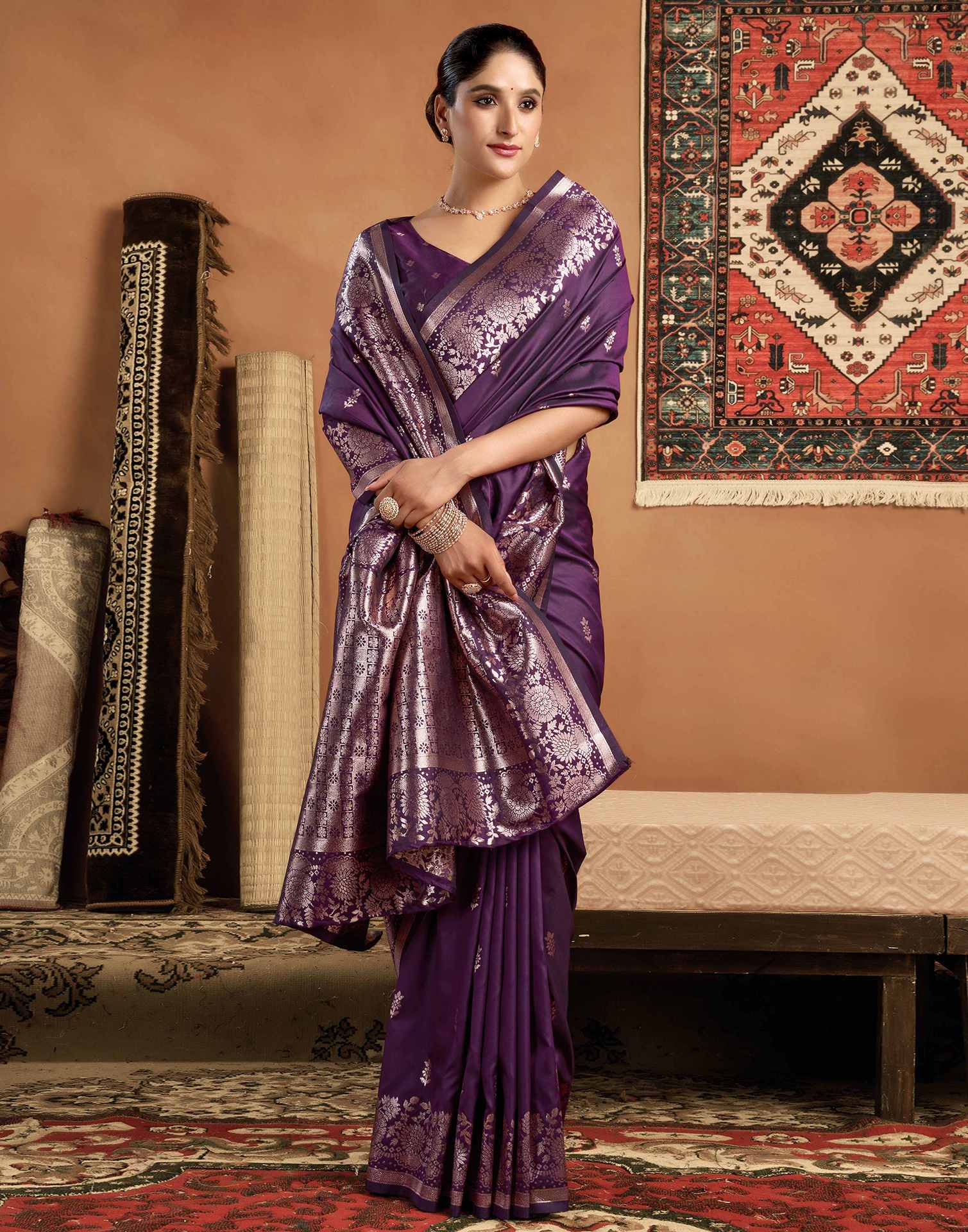 Dark Purple Silk Woven Banarasi Saree