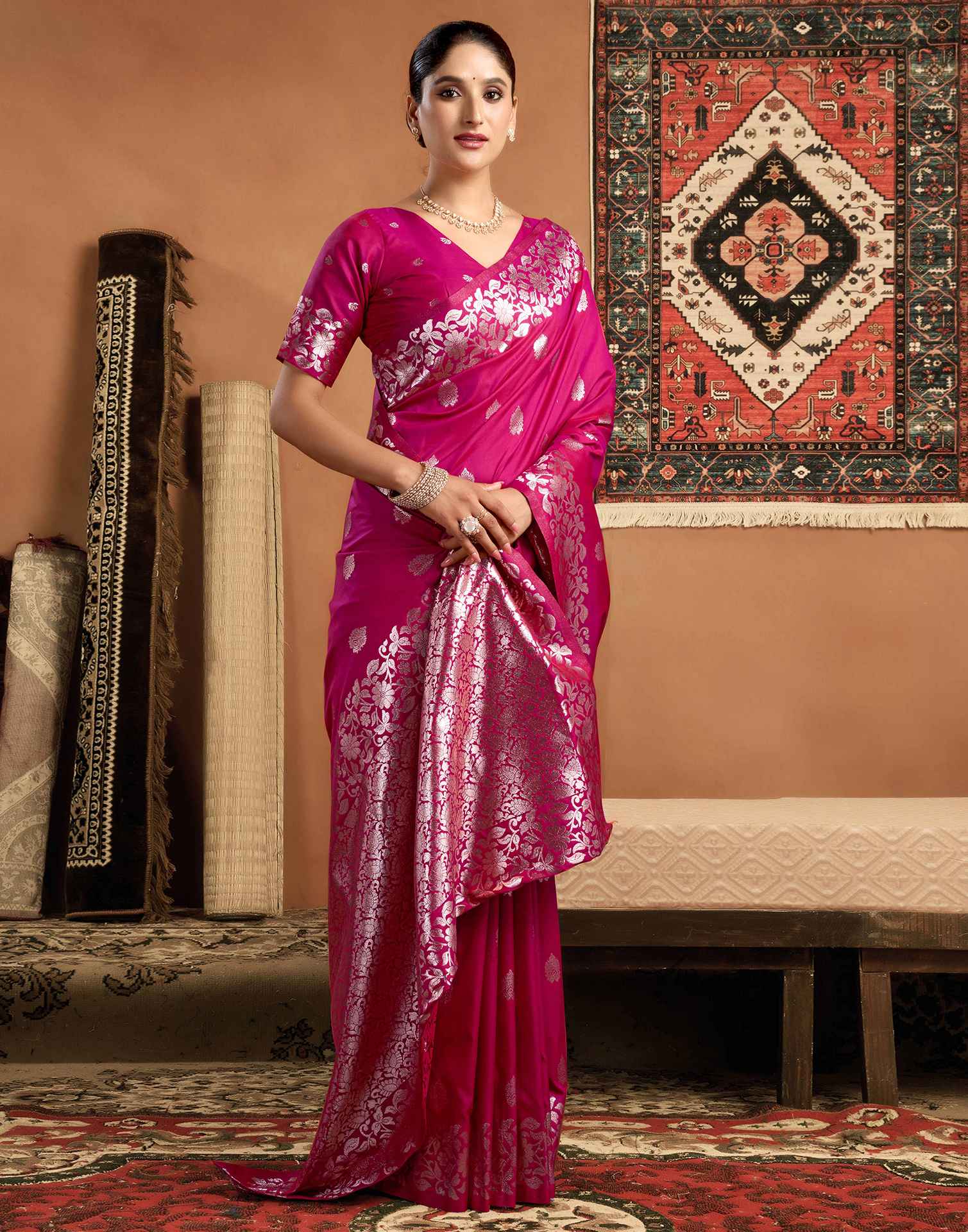 Rani Pink Silk Woven Banarasi Saree