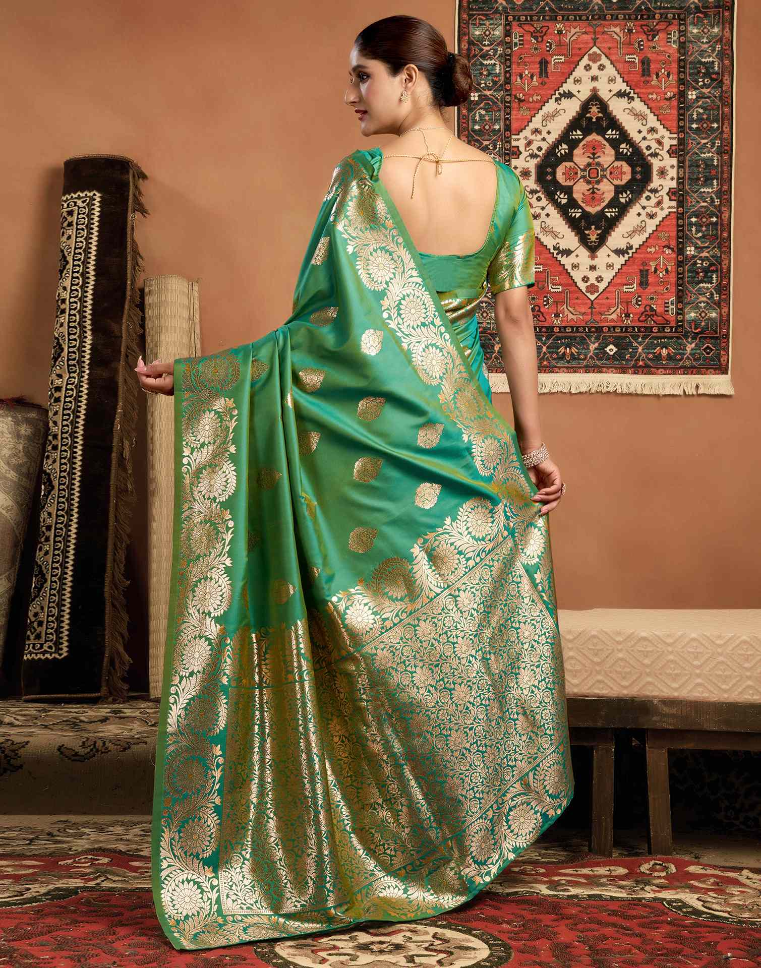 Teal Green Silk Woven Banarasi Saree