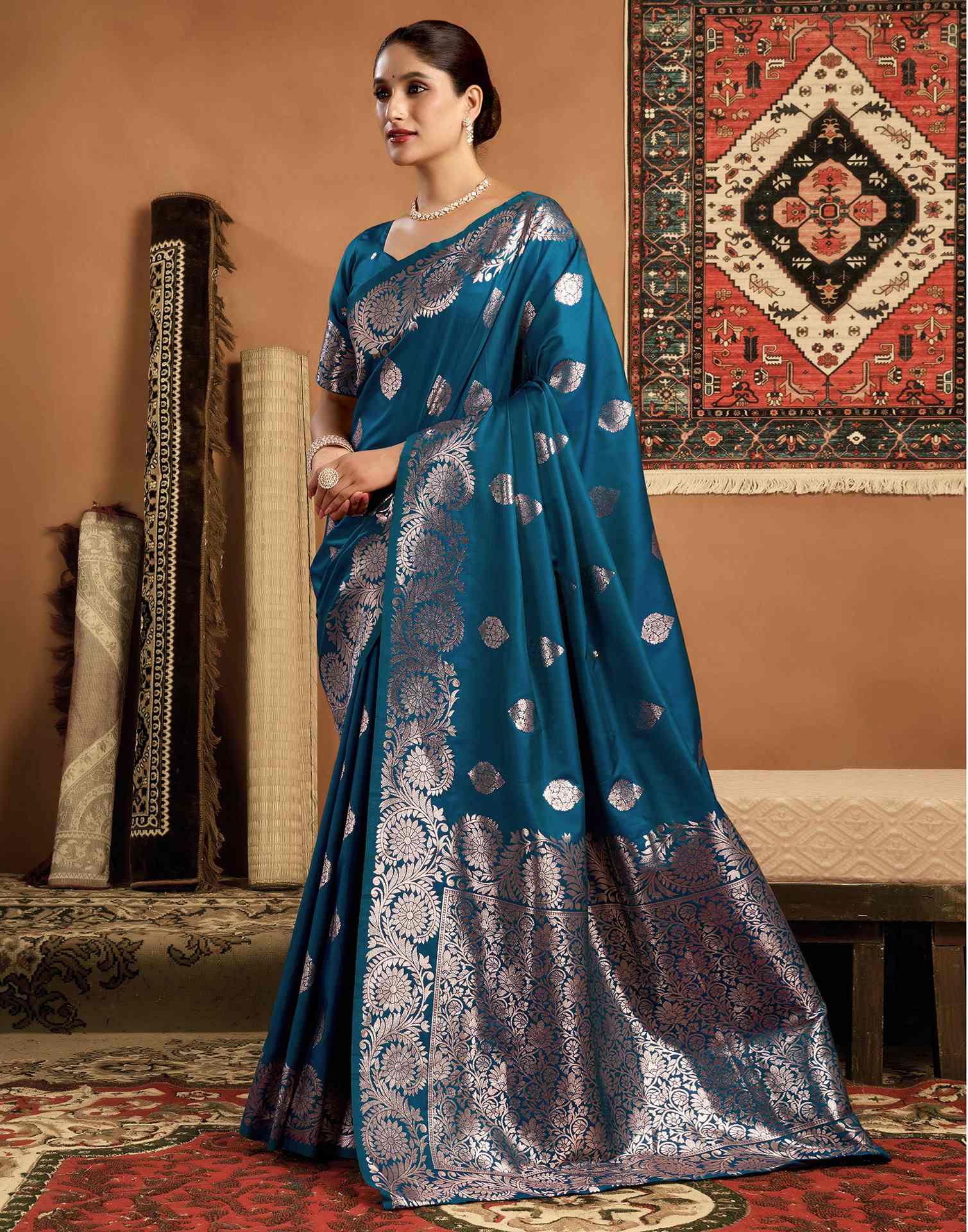 Peacock Blue Silk Woven Banarasi Saree