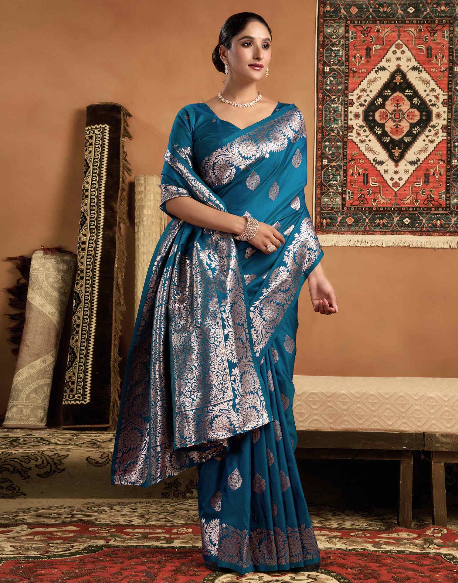 Peacock Blue Silk Woven Banarasi Saree