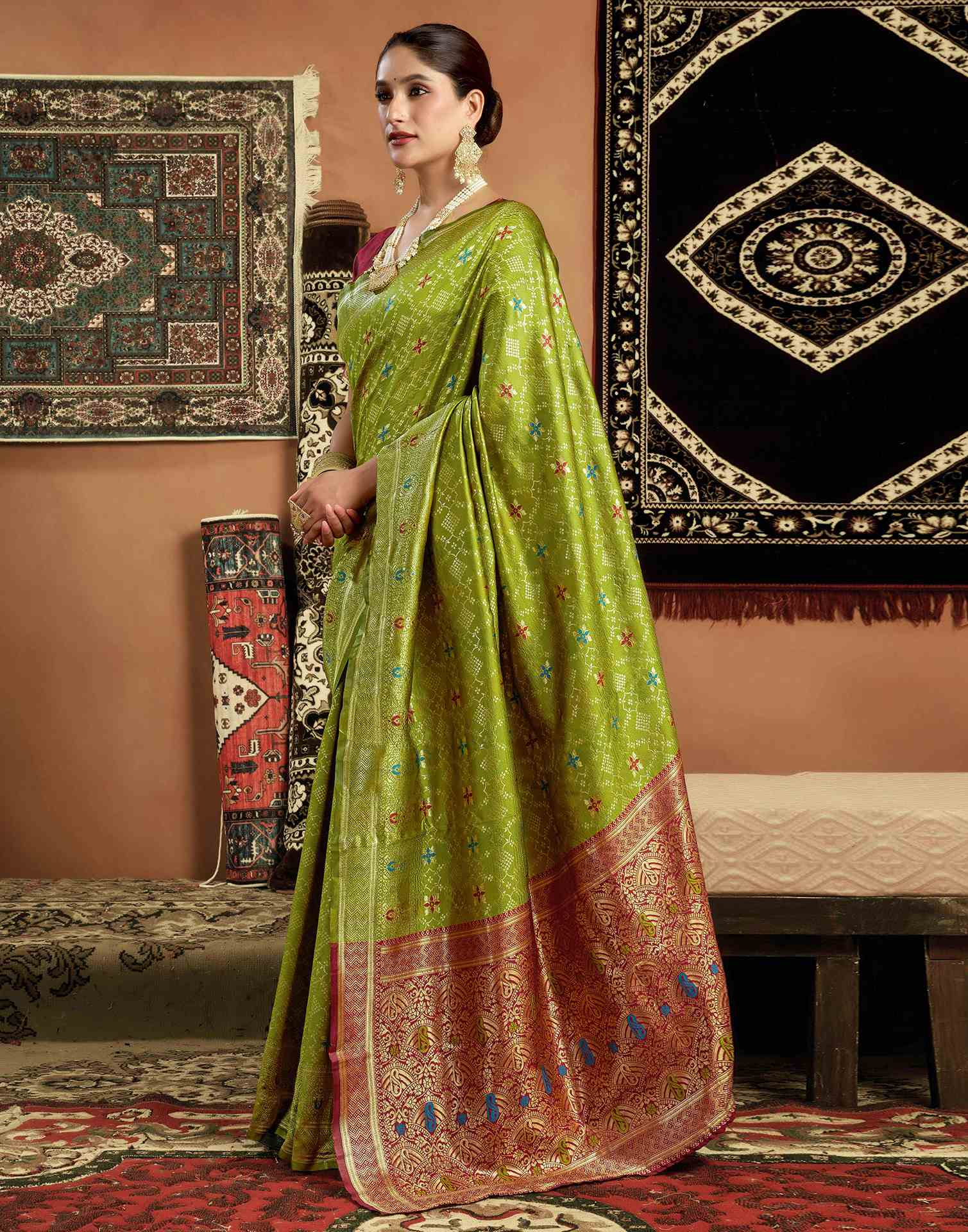 Parrot Green Silk Woven Saree