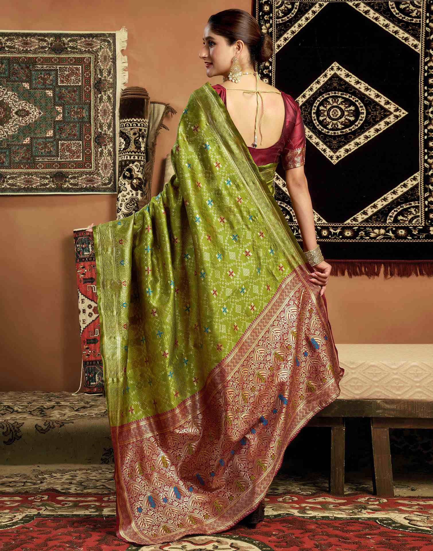 Parrot Green Silk Woven Saree