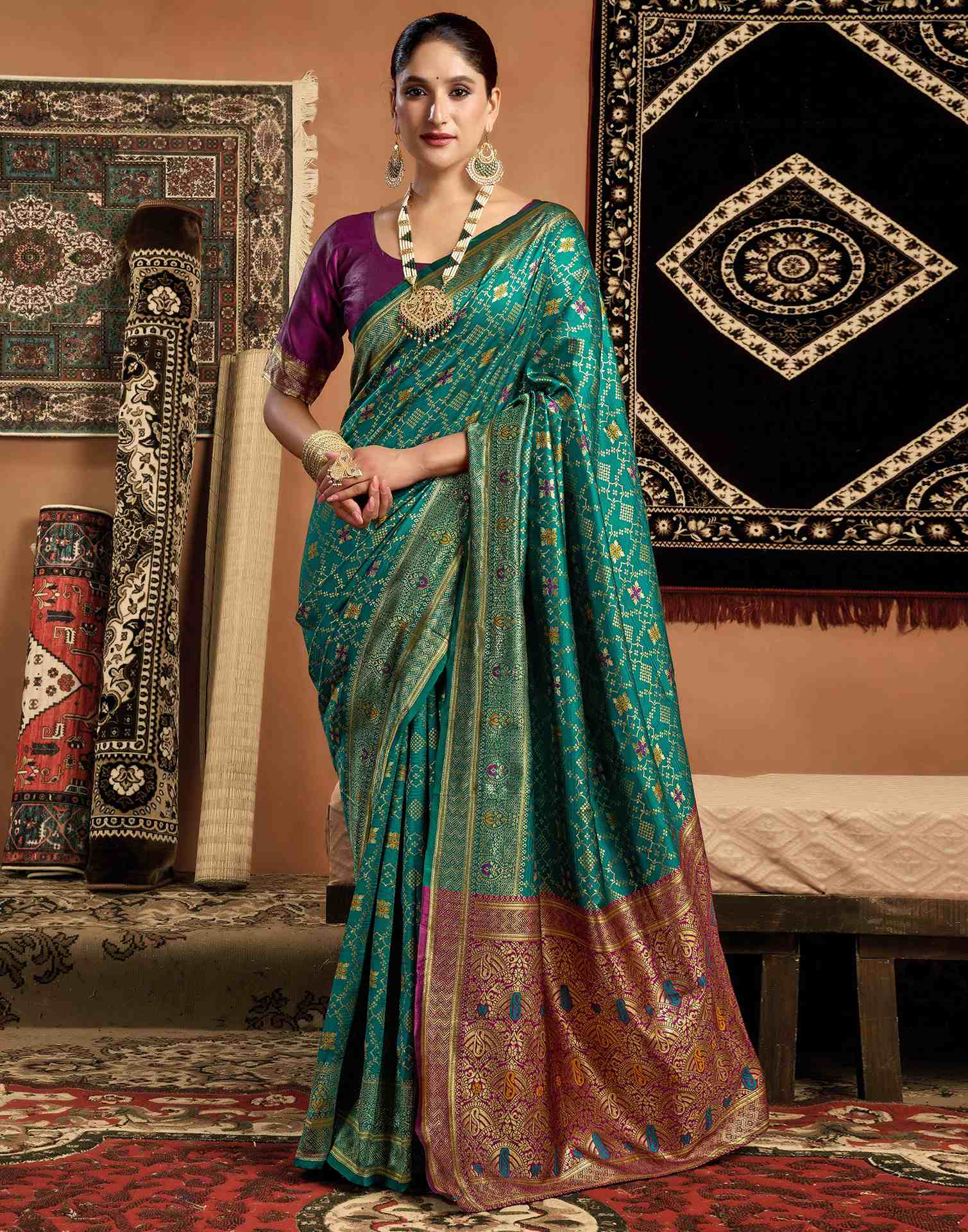 Teal Green Silk Woven Saree