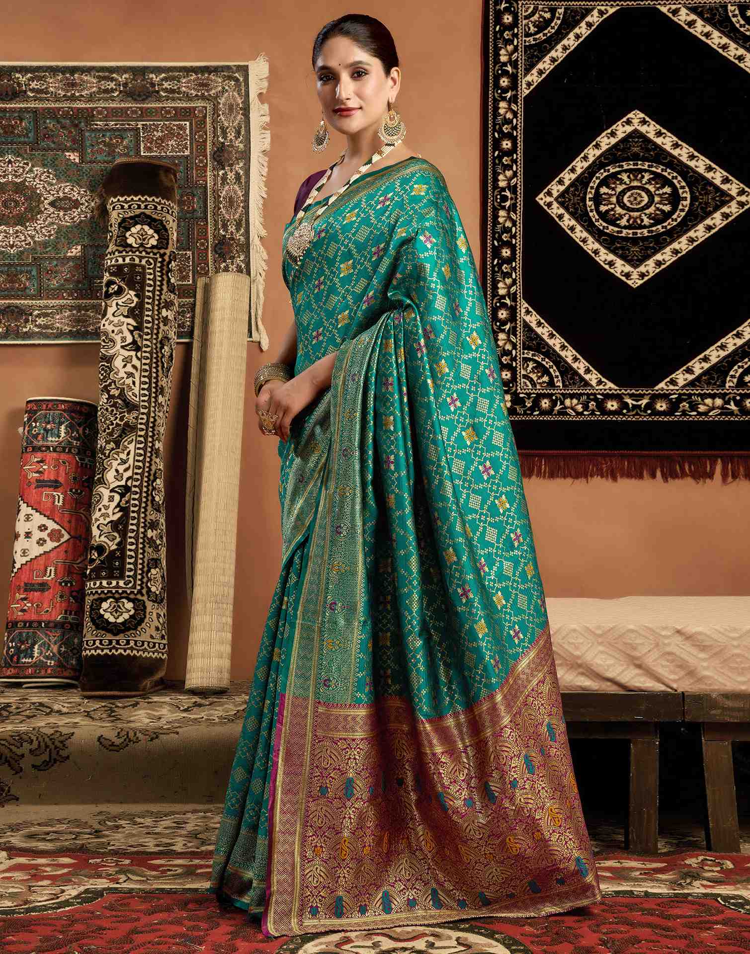 Teal Green Silk Woven Saree