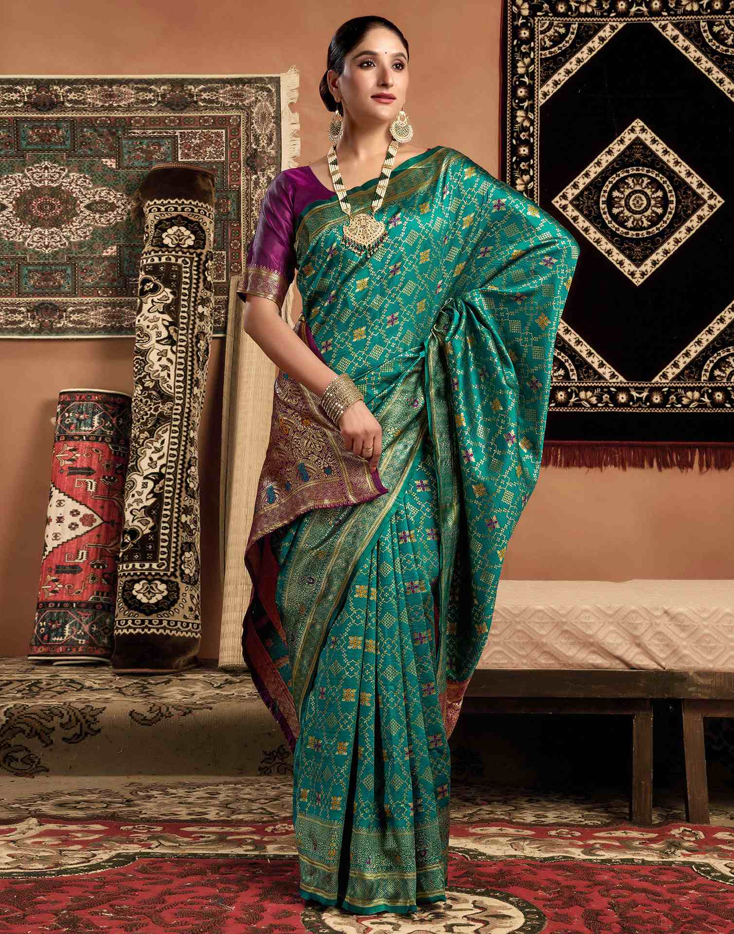 Teal Green Silk Woven Saree