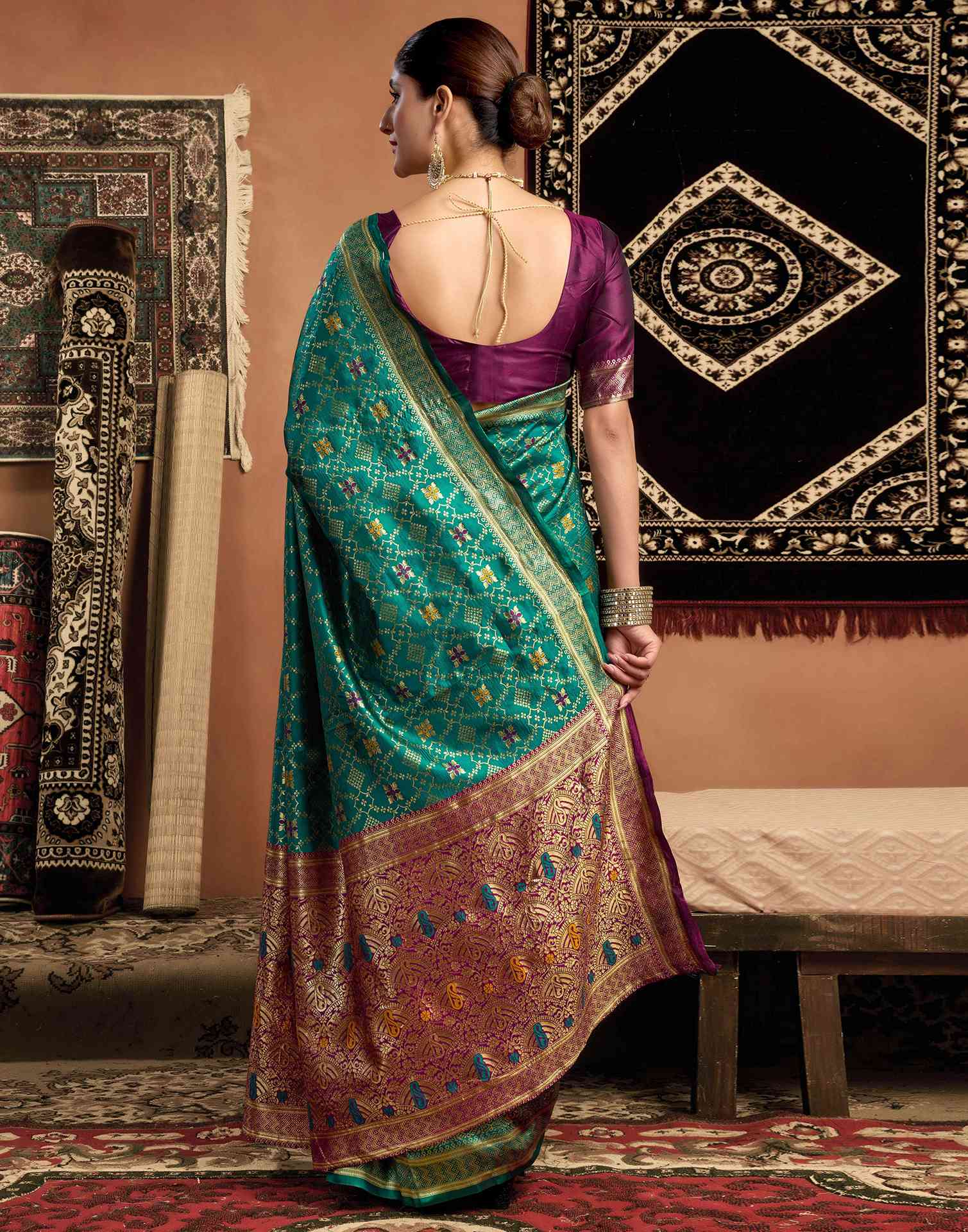 Teal Green Silk Woven Saree