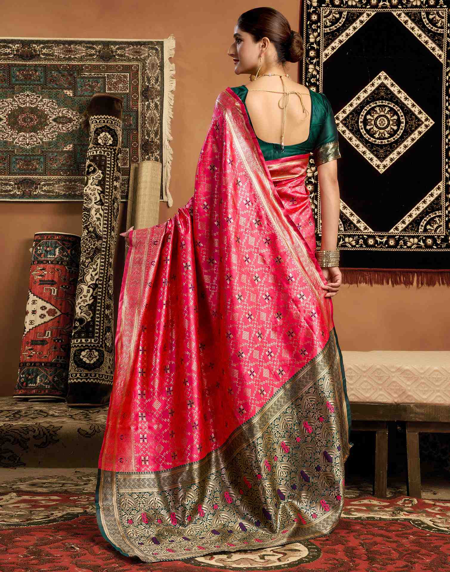 Coral Pink Silk Woven Saree