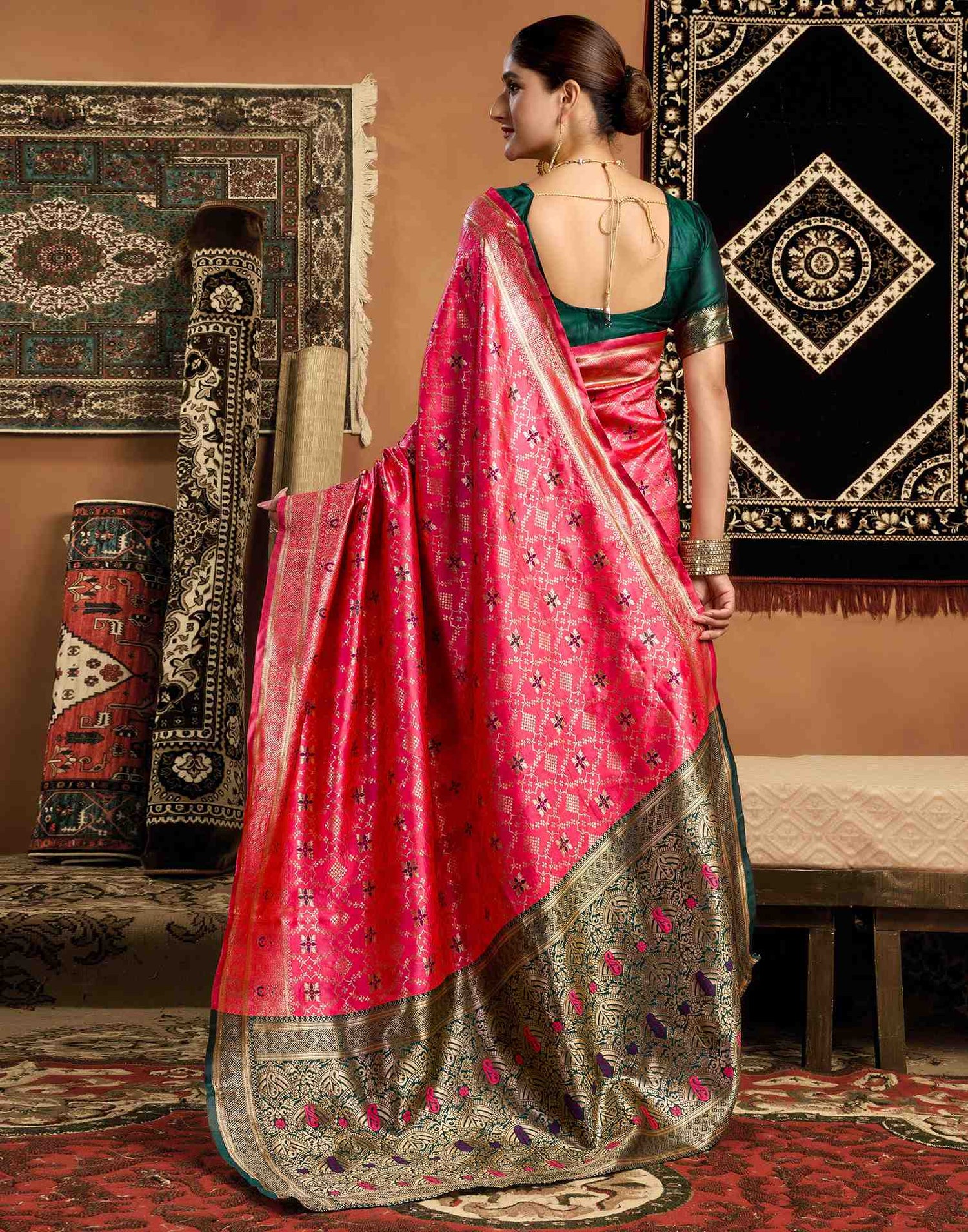 Coral Pink Silk Woven Saree