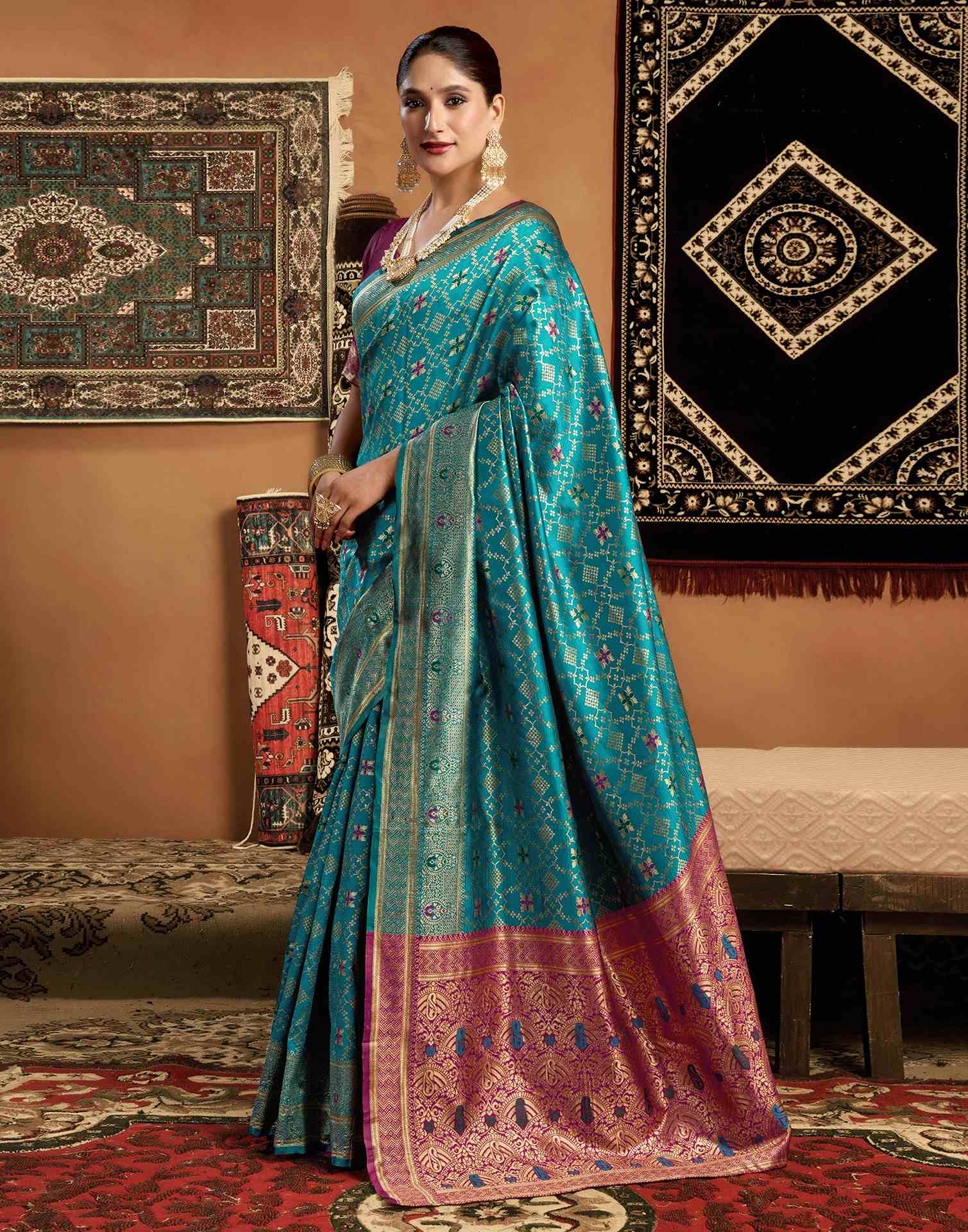 Teal Blue Silk Woven Saree