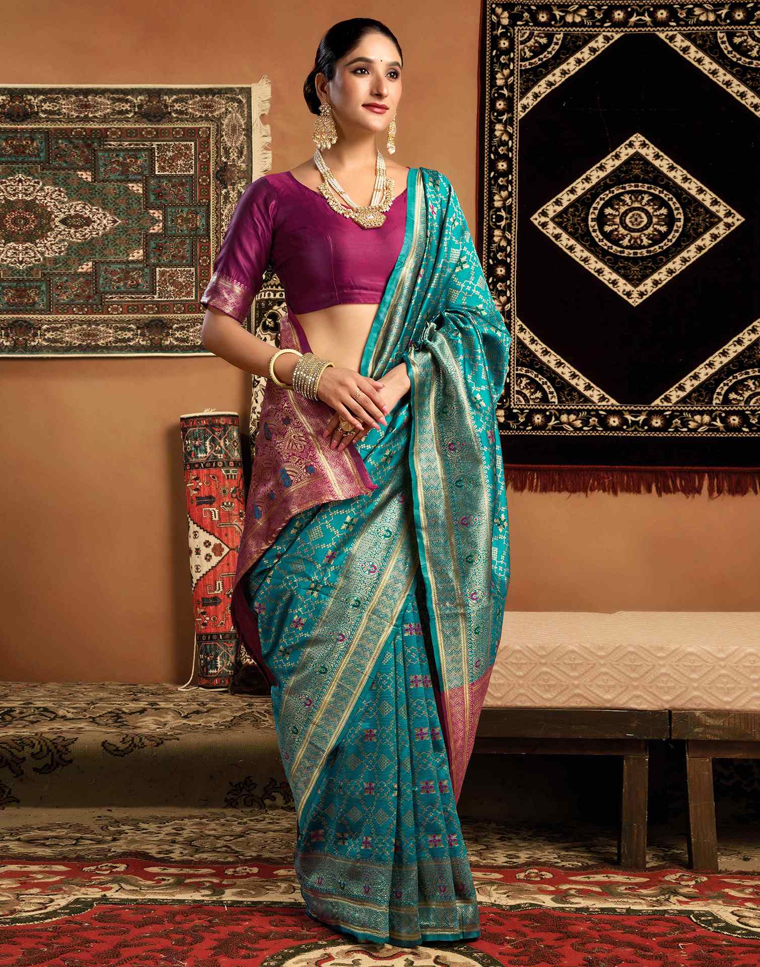 Teal Blue Silk Woven Saree