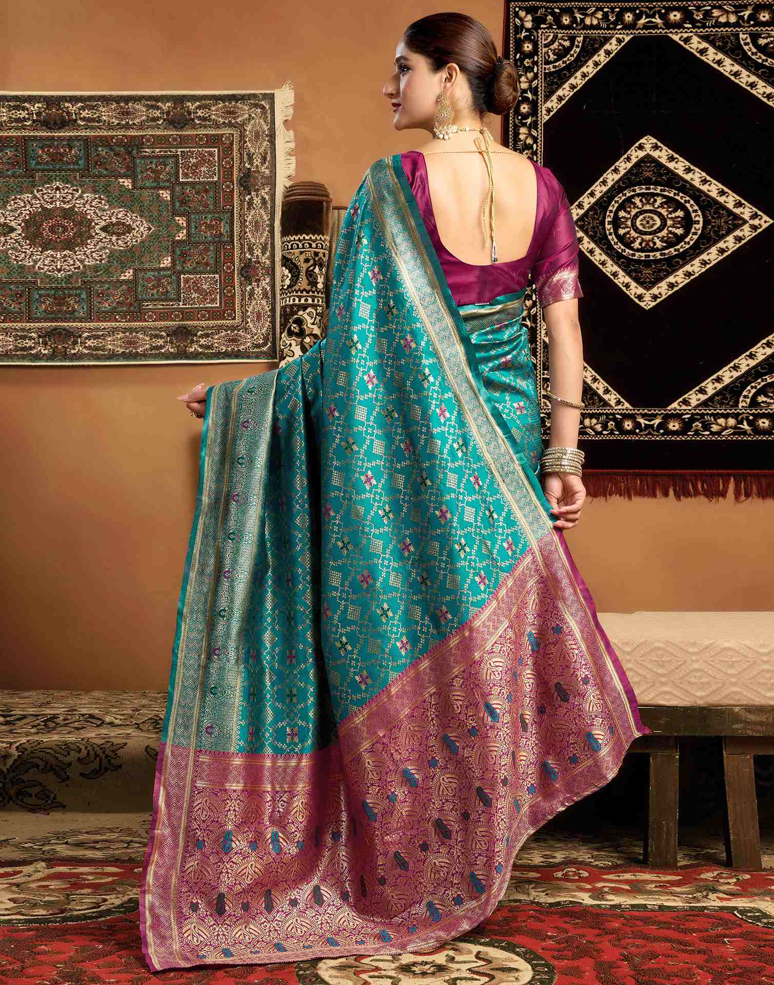 Teal Blue Silk Woven Saree