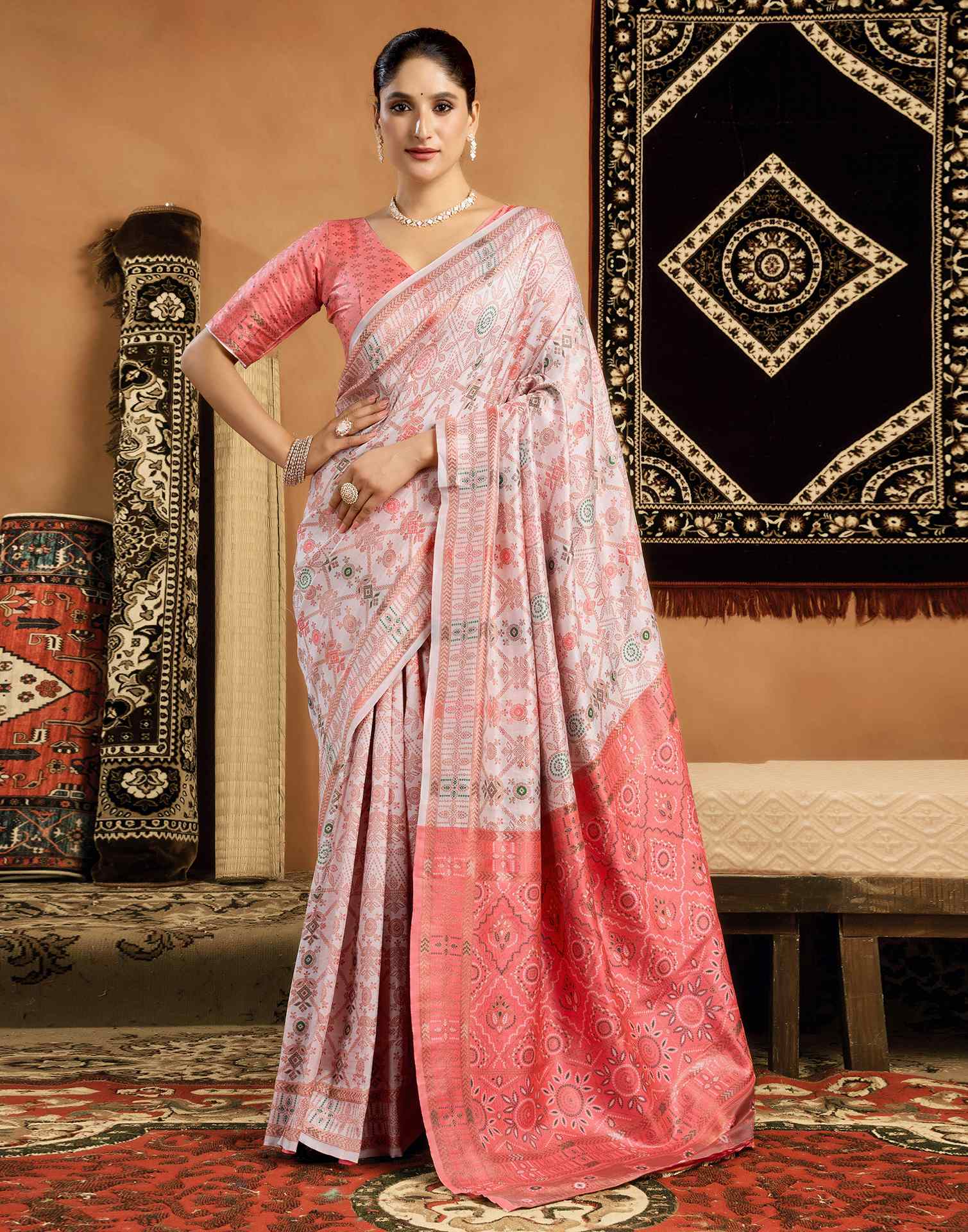 Cream Silk Woven Saree
