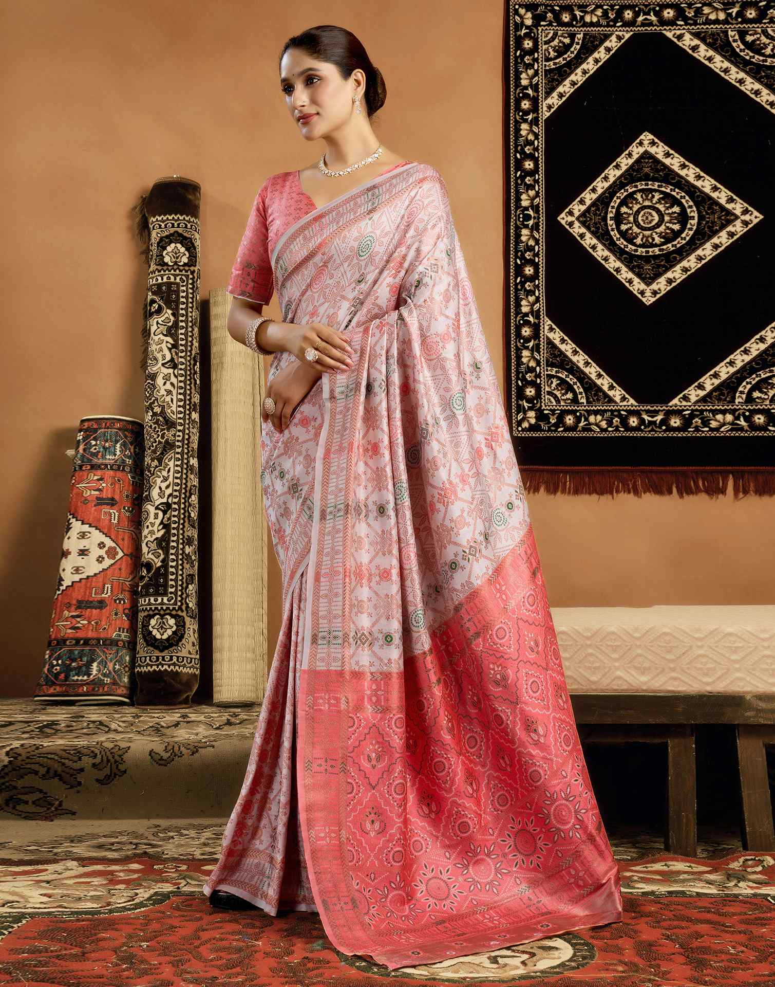Cream Silk Woven Saree