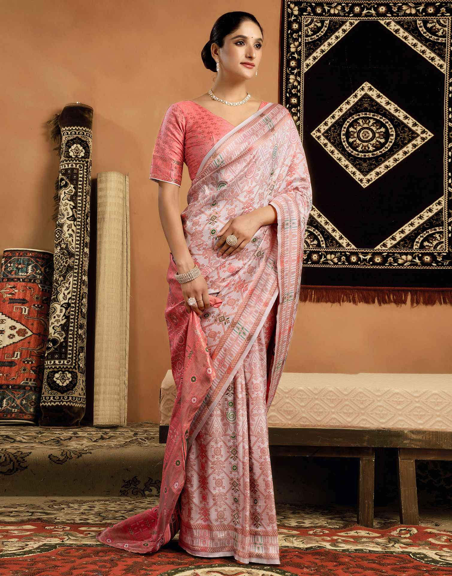 Cream Silk Woven Saree
