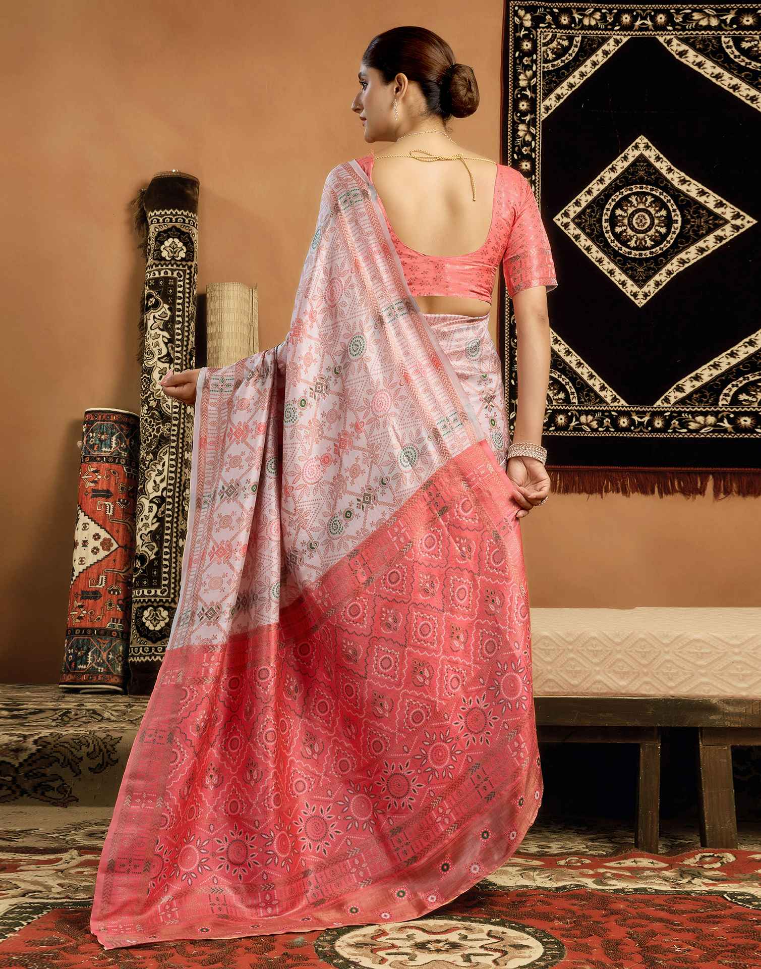Cream Silk Woven Saree